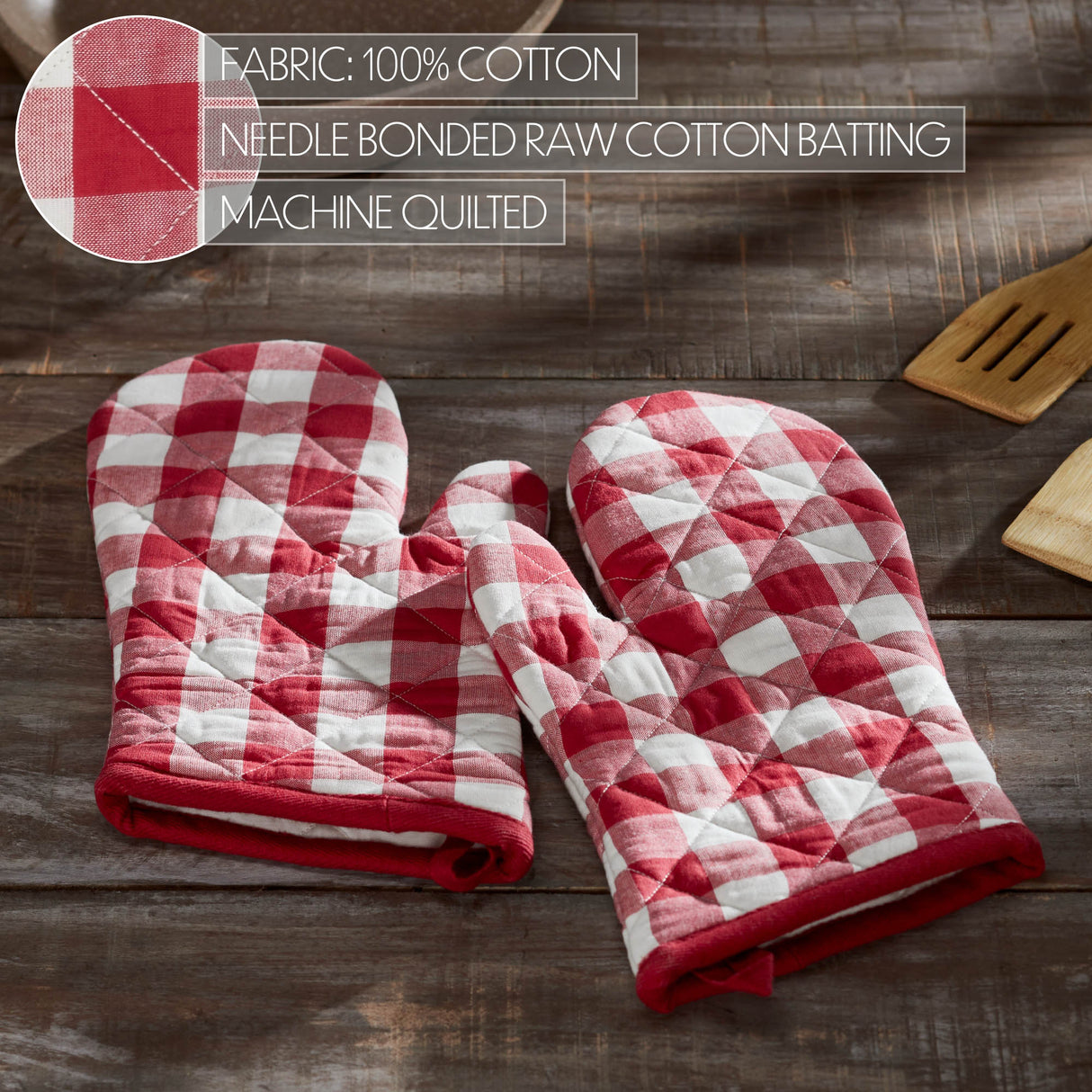 VHC Brands Annie Buffalo Check Red 4PC Set 2 Oven Mitts and 2 Pot Holders