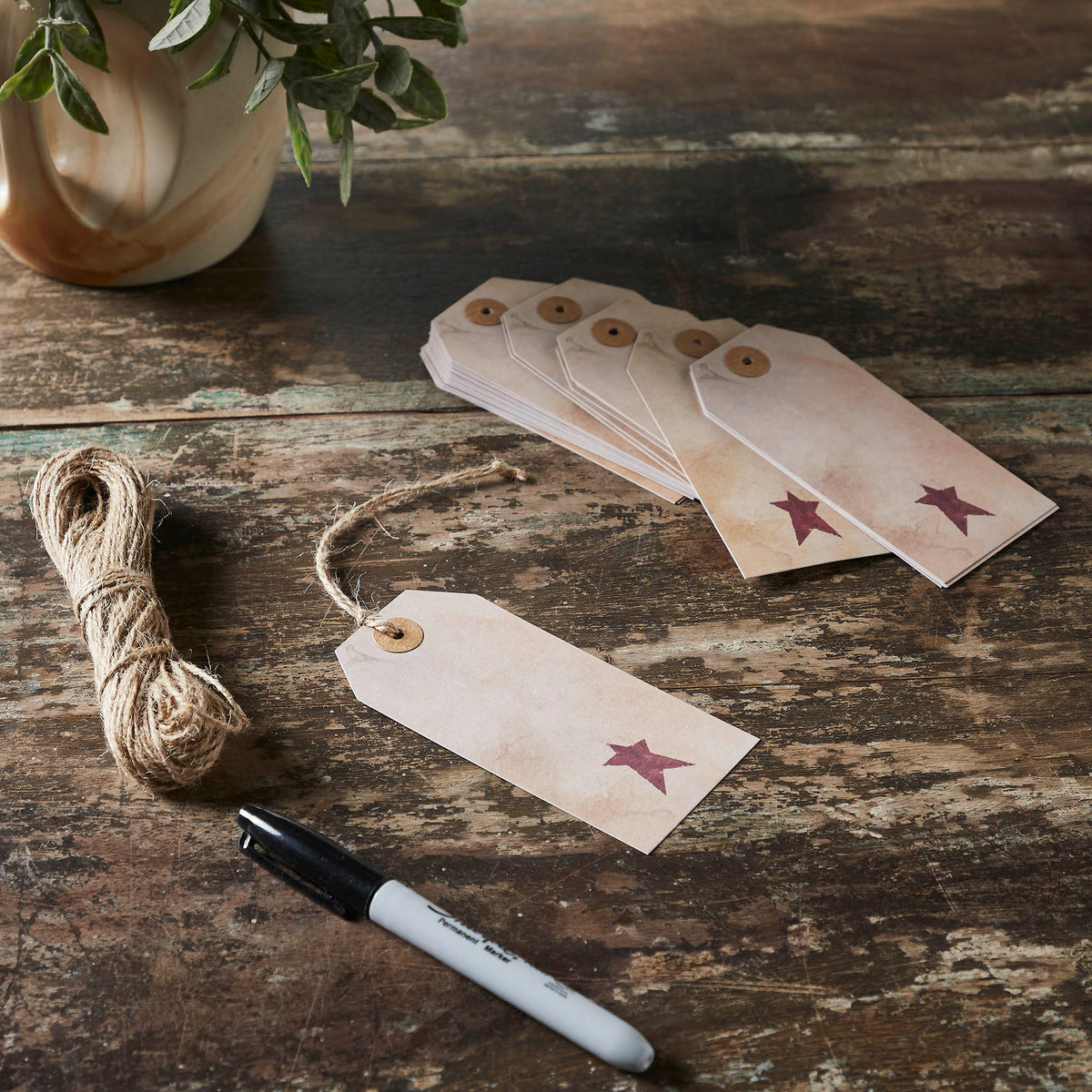 Primitive Star Tea Stained Paper Tag Burgundy 4.75x2.25 w/ Twine Set o ...