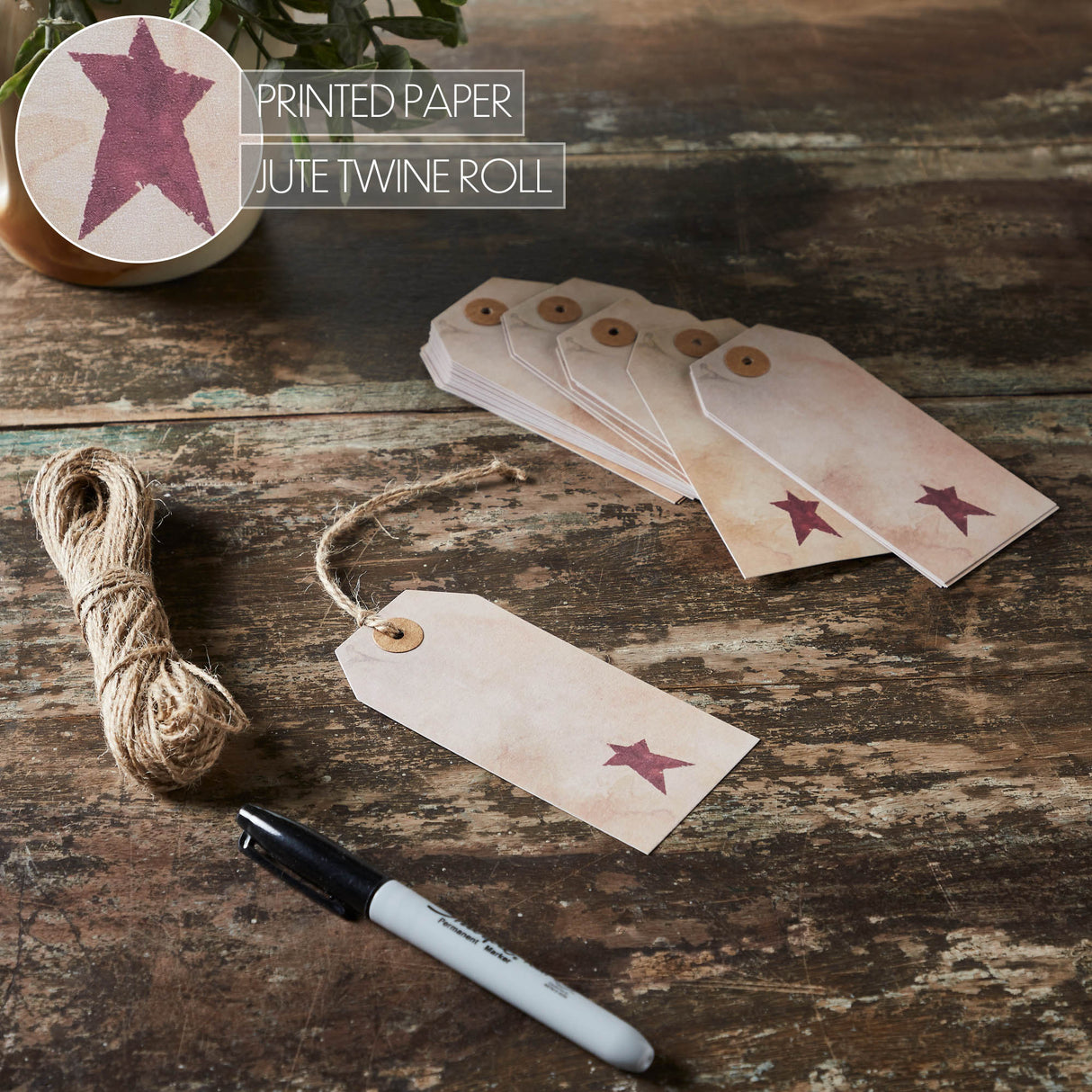 85082-Primitive-Star-Tea-Stained-Paper-Tag-Burgundy-4.75x2.25-w/-Twine-Set-of-50-image-5