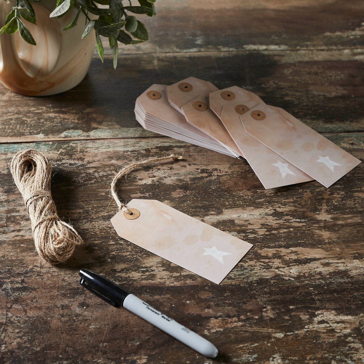 85083-Primitive-Star-Tea-Stained-Paper-Tag-Creme-4.75x2.25-w/-Twine-Set-of-50-image-1