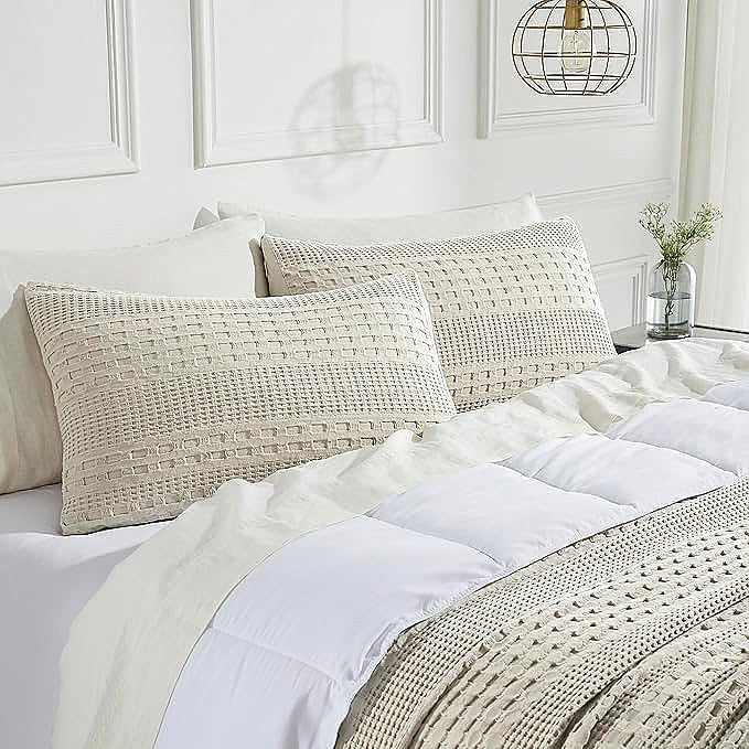 100% Cotton Waffle Weave Pillow Cover, Lightweight & Breathable Woven Sham