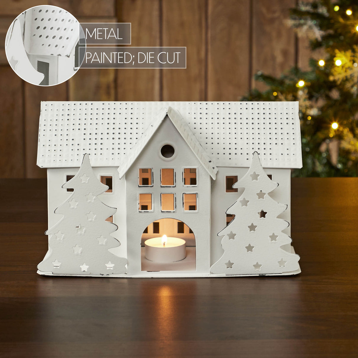 Tealight Holder Metal Village House B Antique White 6.75x10.5x5.5