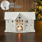 Tealight Holder Metal Village House B Antique White 6.75x10.5x5.5
