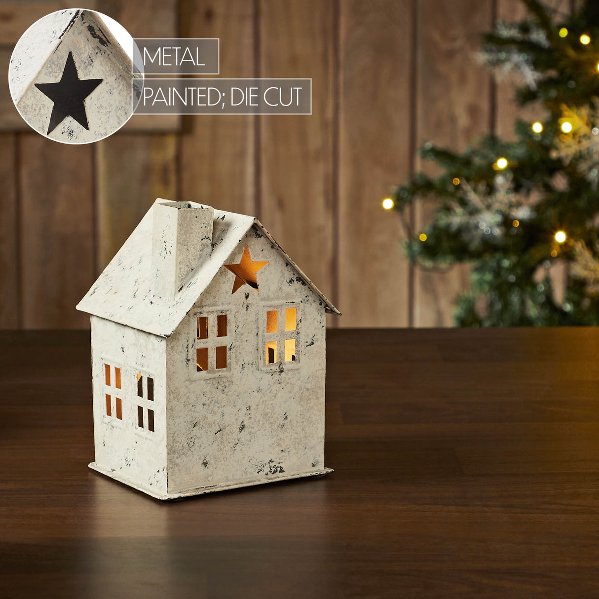 Tealight Holder Metal Village House D Antique Cream 6.75x4.75x4.5