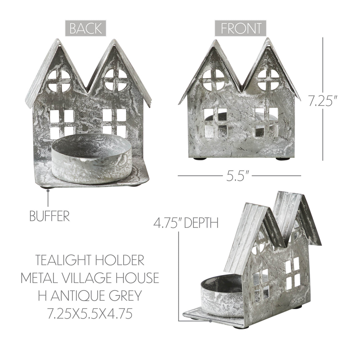 Tealight Holder Metal Village House H Antique Grey 7.25x5.5x4.75