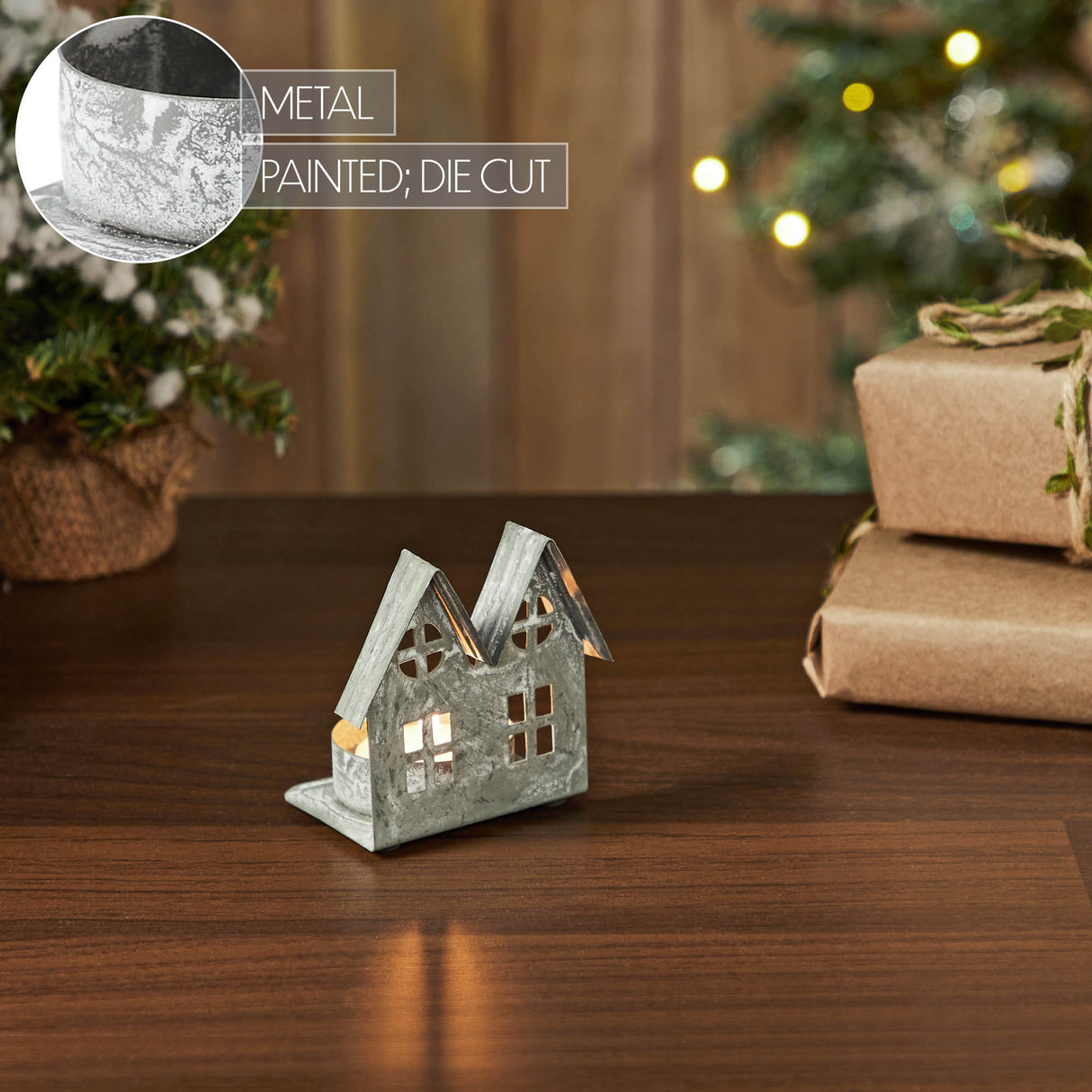 Tealight Holder Metal Village House H Antique Grey 7.25x5.5x4.75