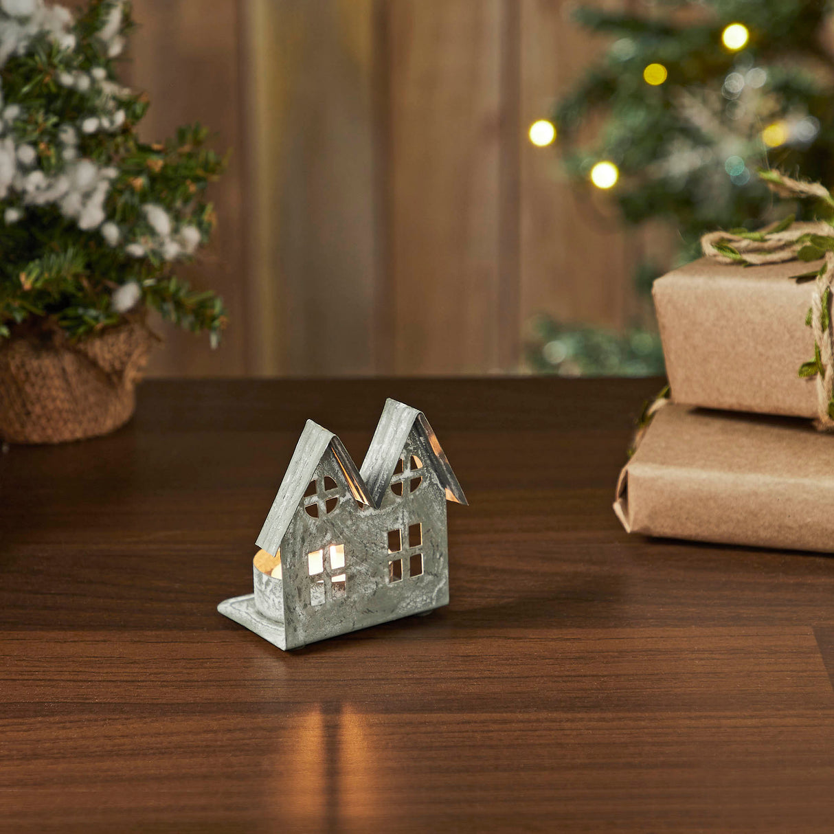 Tealight Holder Metal Village House H Antique Grey 7.25x5.5x4.75