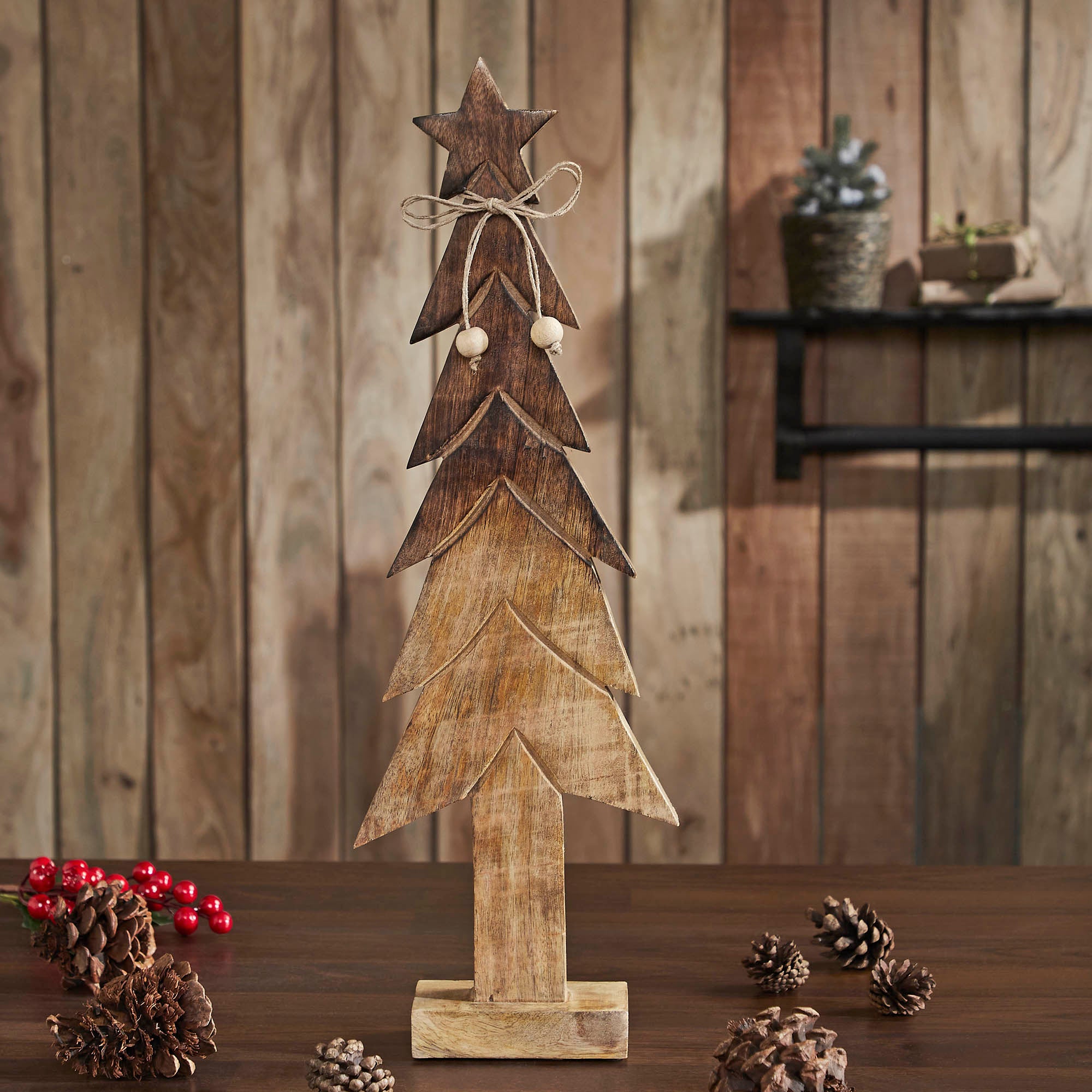 Christmas Tree Wooden Two Toned Brown Natural Figurine 19.75x6.5x2