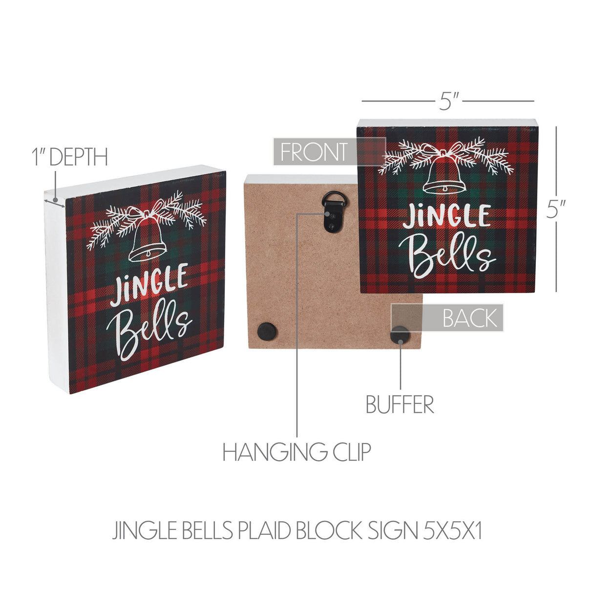 Jingle Bells Plaid Block Sign 5x5