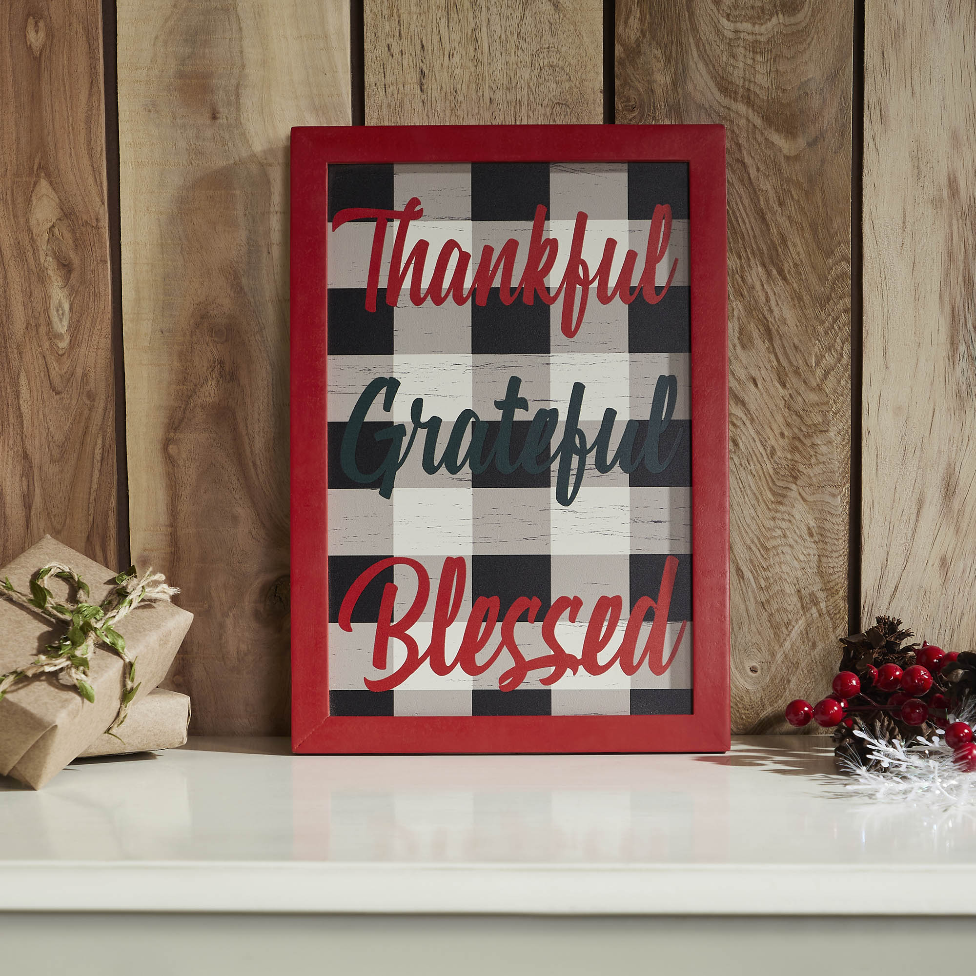 ing wall plaque クリスマス Thankful Grateful Blessed Christmas Gingham Wall Hanging Sign 13x9