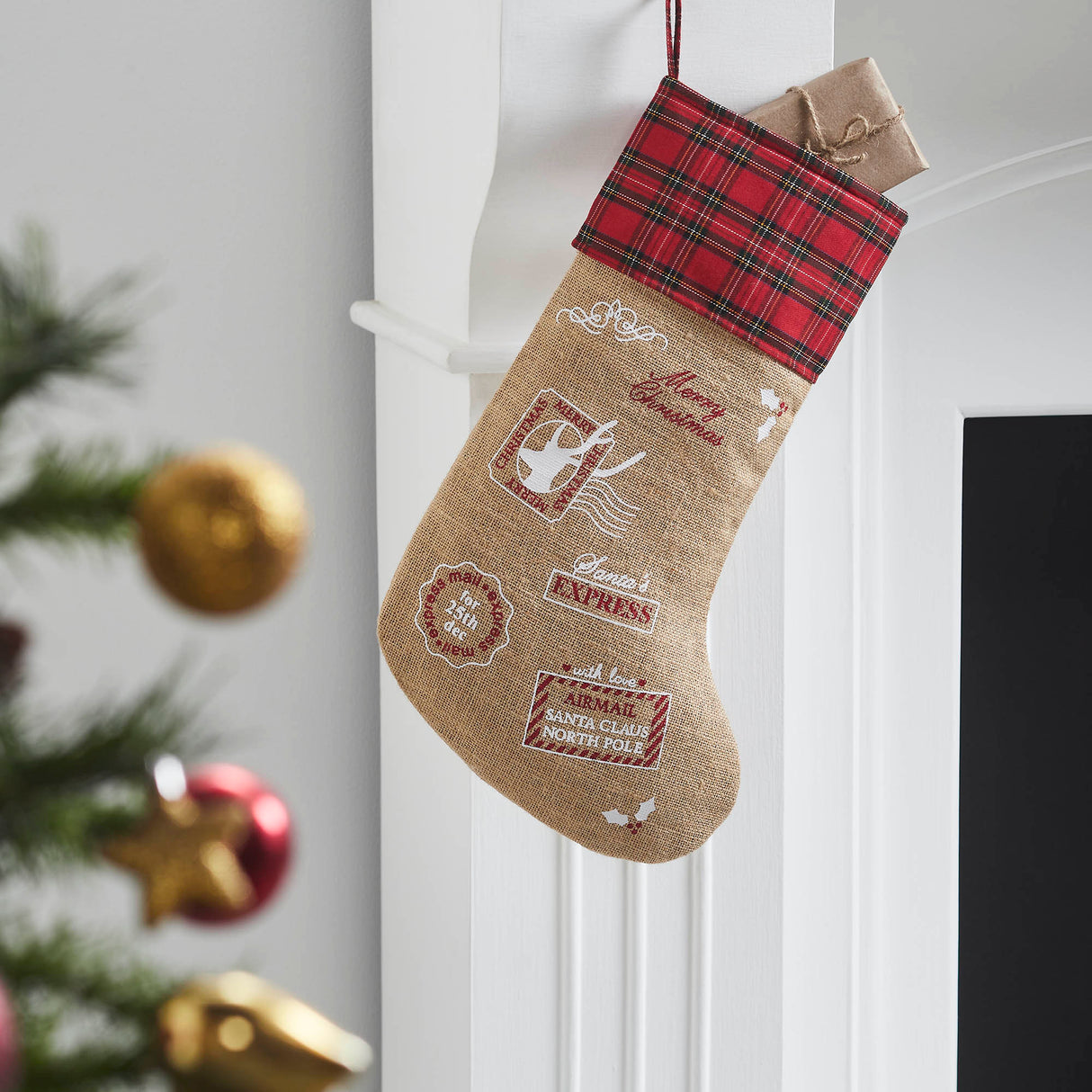 Burlap Natural Jute Plaid Airmail Stocking 12x20