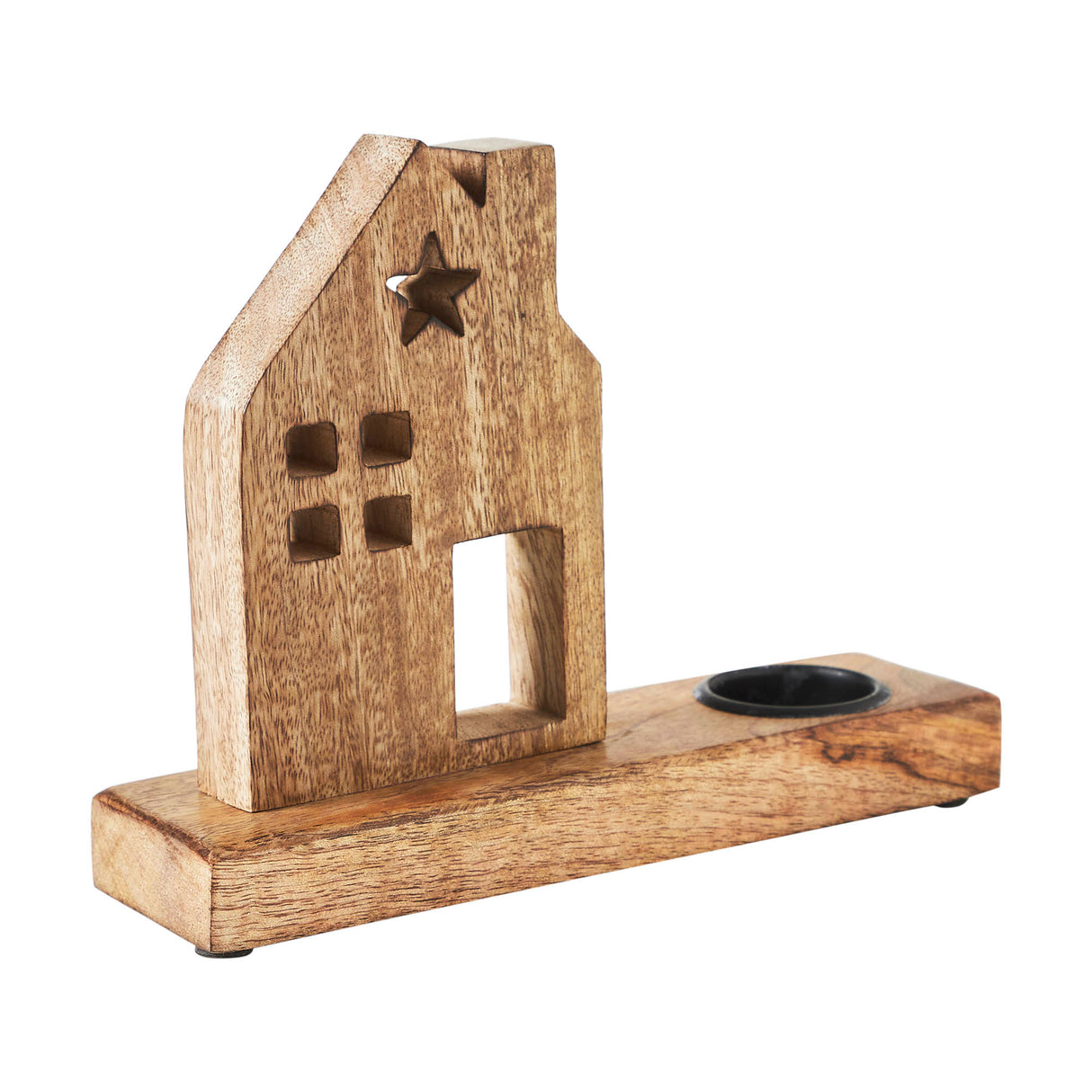 Tropical Wood Tealight Holder Wooden Saltbox House w/ Star Natural