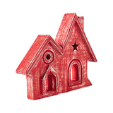 Village Twin House Red w/ Star Wooden Figurine 9.5x7.5x1.5