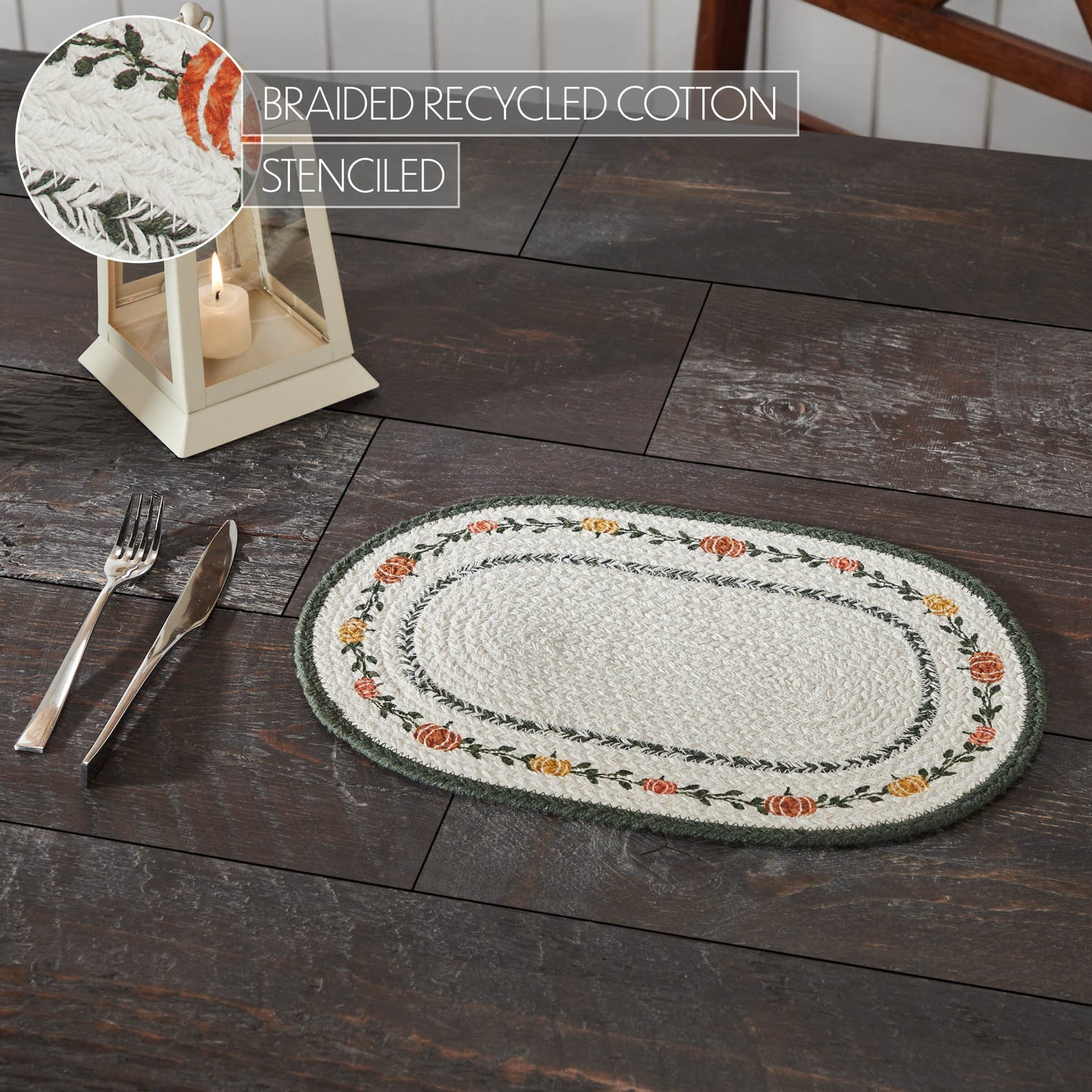 Braided Cotton Pumpkin Bounty Oval Placemat Stencil 10x15, Decorative Fall Placemat, Table Decor for Fall and Thanksgiving, 2 Pack