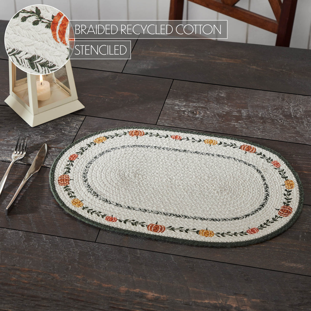 Braided Cotton Pumpkin Bounty Oval Placemat Stencil 13x19, Decorative Fall Placemat, Table Decor for Fall and Thanksgiving, 2 Pack