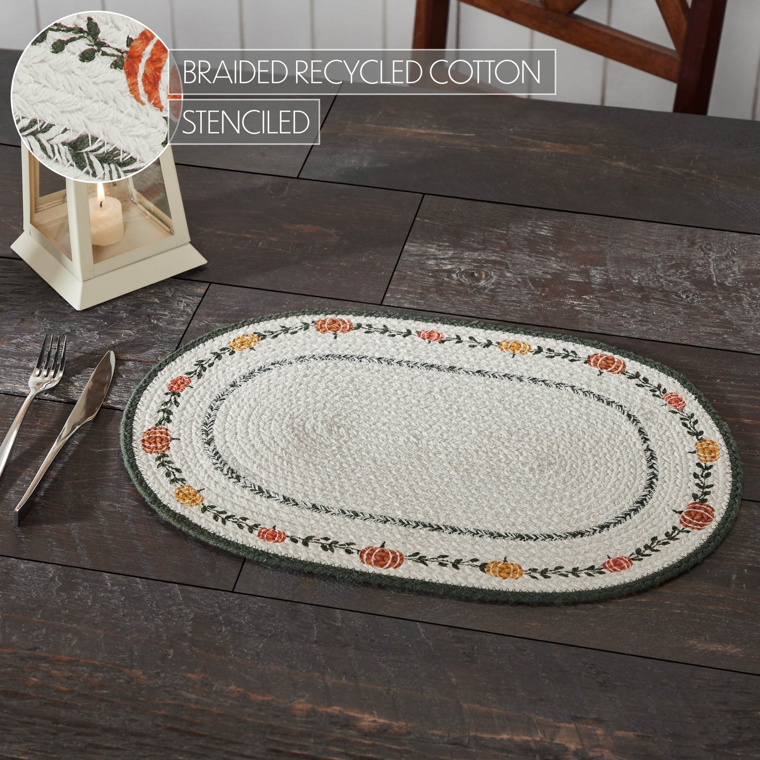 Braided Cotton Pumpkin Bounty Oval Placemat Stencil 13x19, Decorative Fall Placemat, Table Decor for Fall and Thanksgiving, 2 Pack