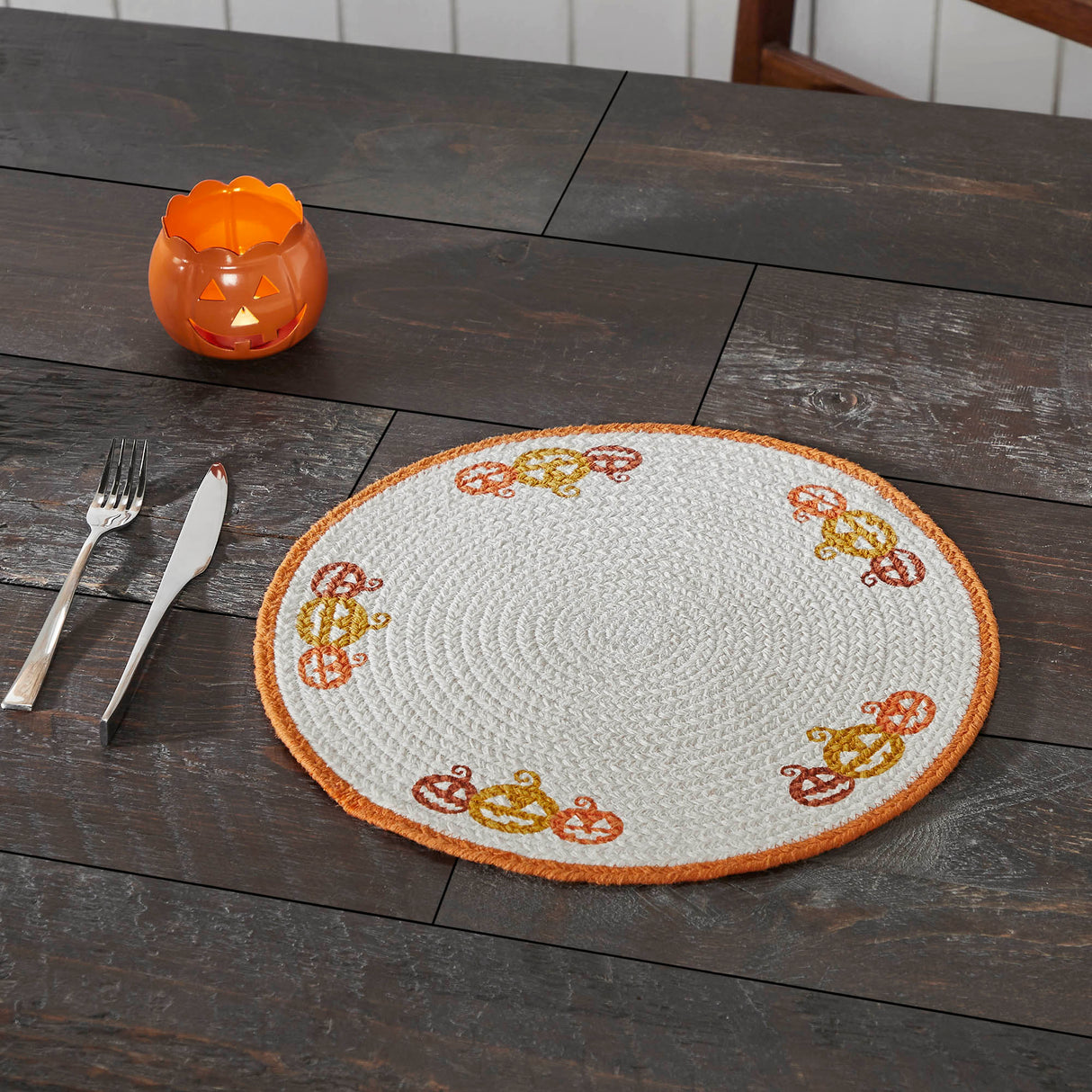 Braided Cotton Country Halloween Stencil Placemat 14 inch Diameter, Decorative Fall Placemat, Table Decor for Fall and Halloween, 2 Pack