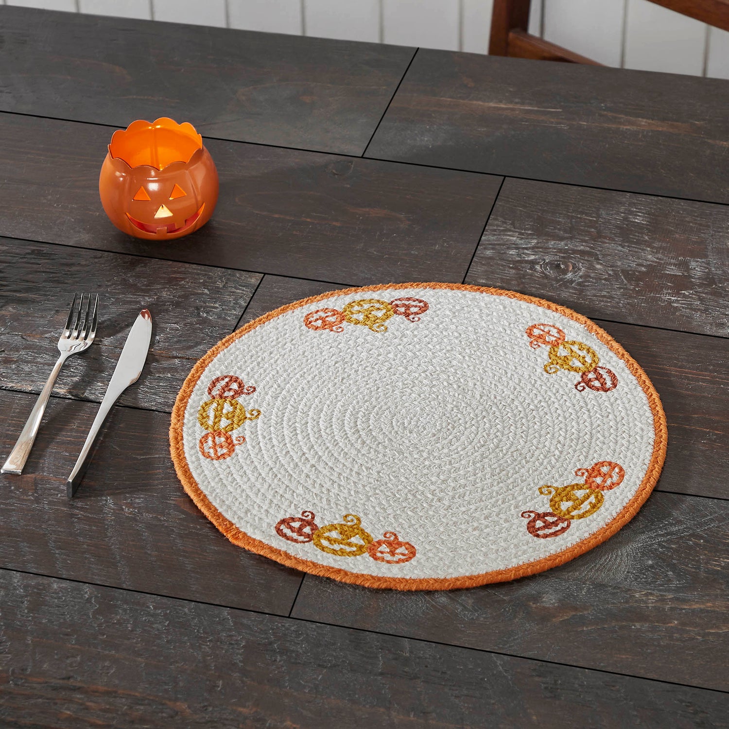 Braided Cotton Country Halloween Stencil Placemat 14 inch Diameter, Decorative Fall Placemat, Table Decor for Fall and Halloween, 6 Pack 6 Pack