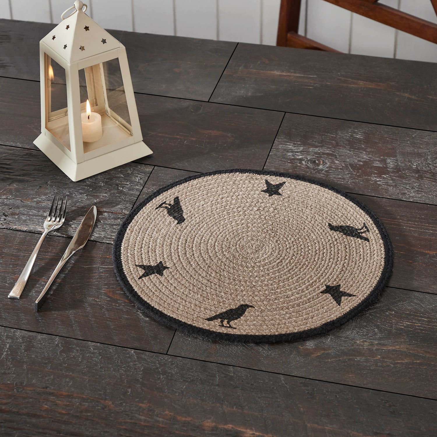 Braided Cotton Raven Harvest Stencil Placemat 14 inch Diameter, Decorative Fall Placemat, Table Decor for Fall and Thanksgiving, 8 Pack 8 Pack