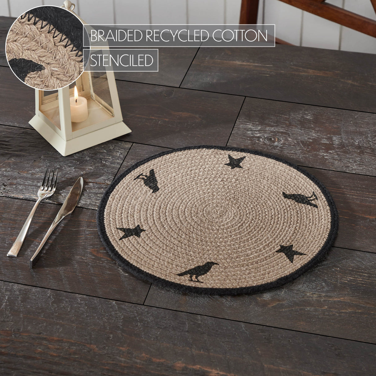 Braided Cotton Raven Harvest Stencil Placemat 14 inch Diameter, Decorative Fall Placemat, Table Decor for Fall and Thanksgiving, 6 Pack 6 Pack