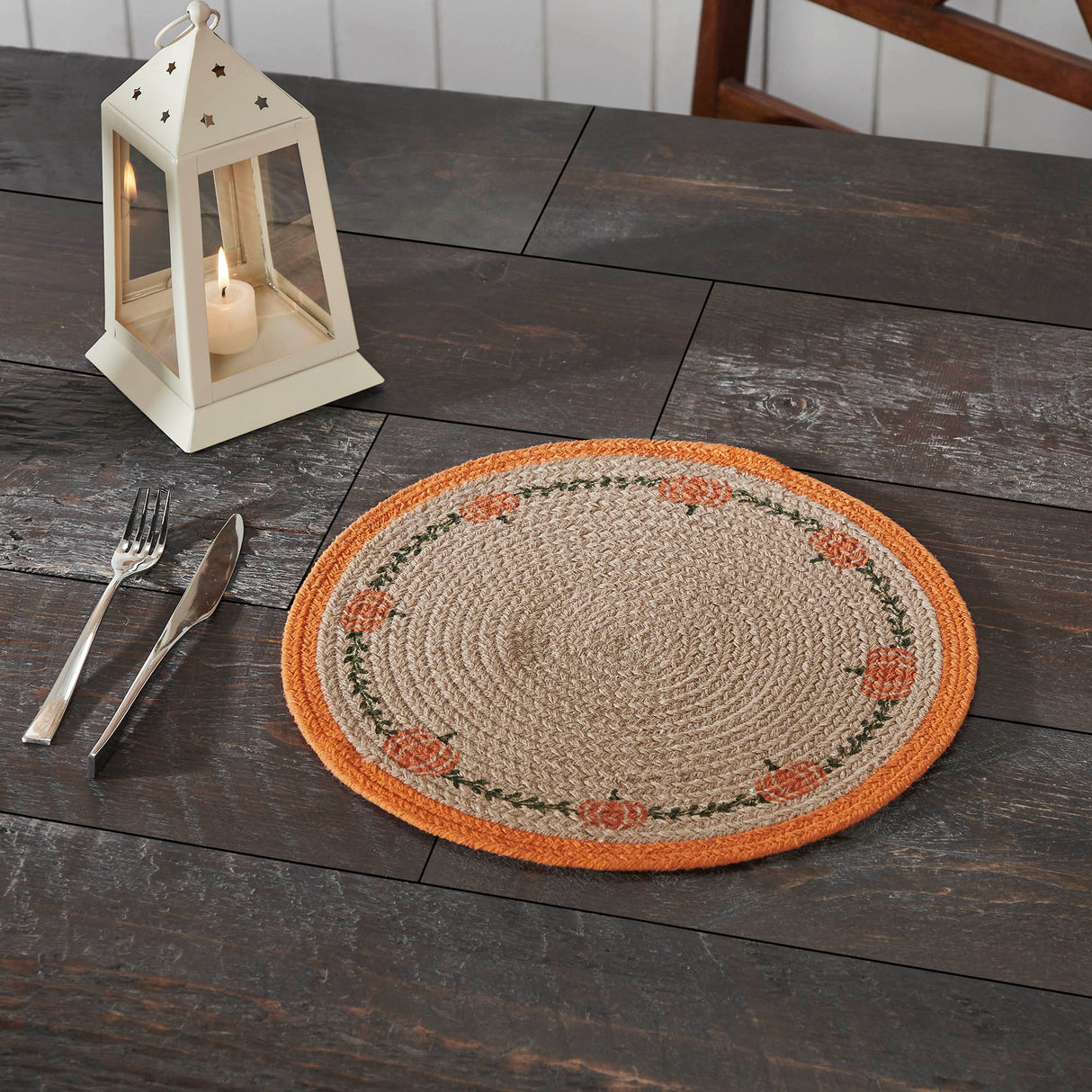 Braided Cotton Harvest Blessings Natural Stencil Pumpkin Placemat 14 inch Diameter, Decorative Fall Placemat, Table Decor for Fall and Thanksgiving, 8 Pack 8 Pack
