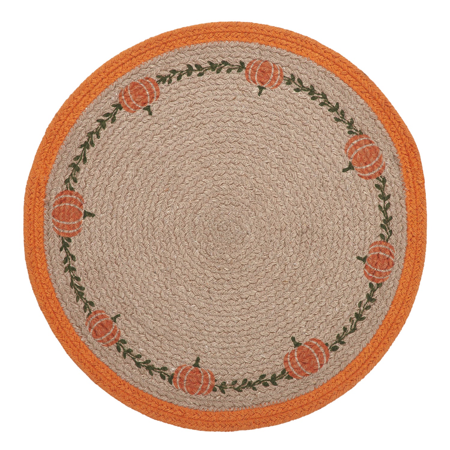 Braided Cotton Harvest Blessings Natural Stencil Pumpkin Placemat 14 inch Diameter, Decorative Fall Placemat, Table Decor for Fall and Thanksgiving, 6 Pack 6 Pack