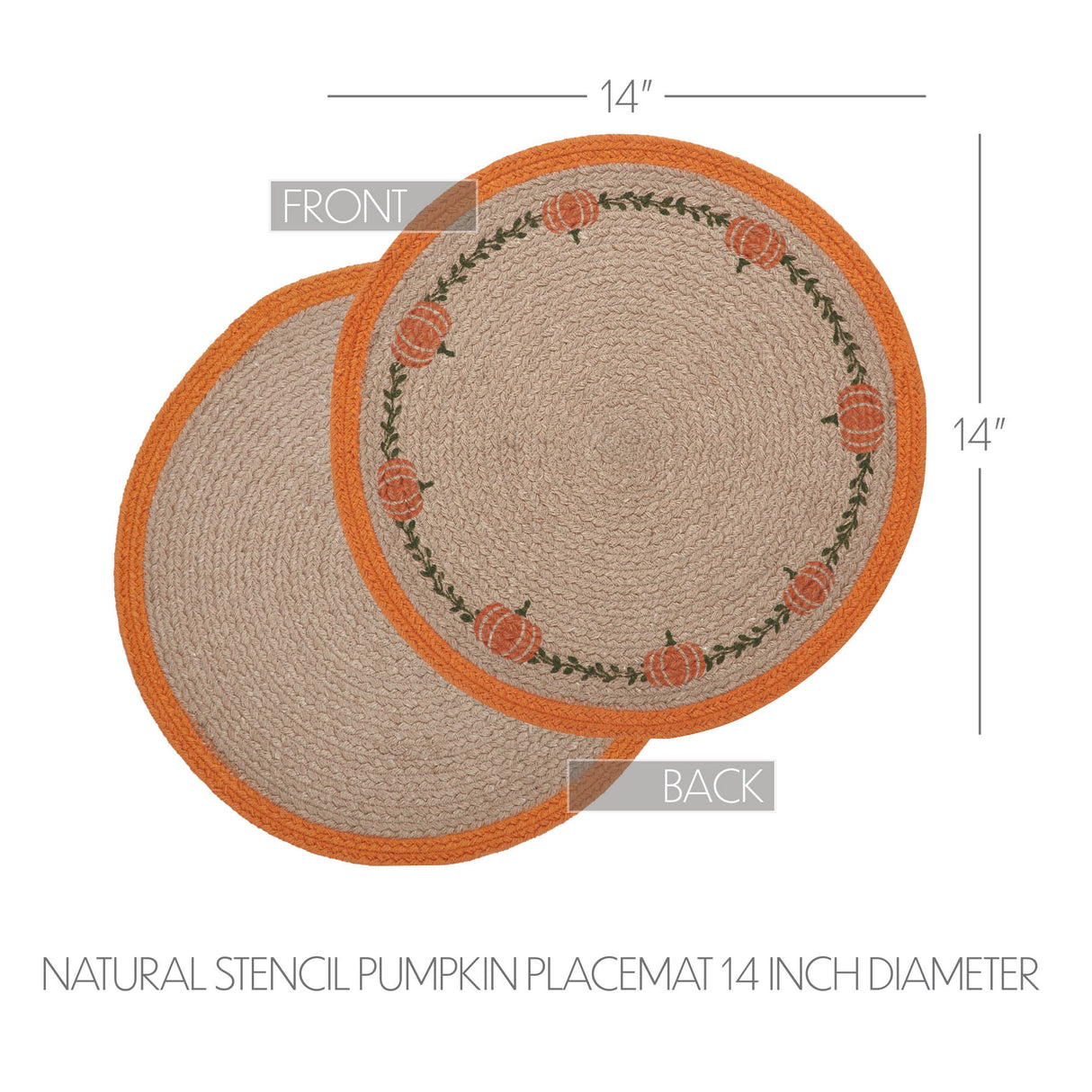 Braided Cotton Harvest Blessings Natural Stencil Pumpkin Placemat 14 inch Diameter, Decorative Fall Placemat, Table Decor for Fall and Thanksgiving, 2 Pack