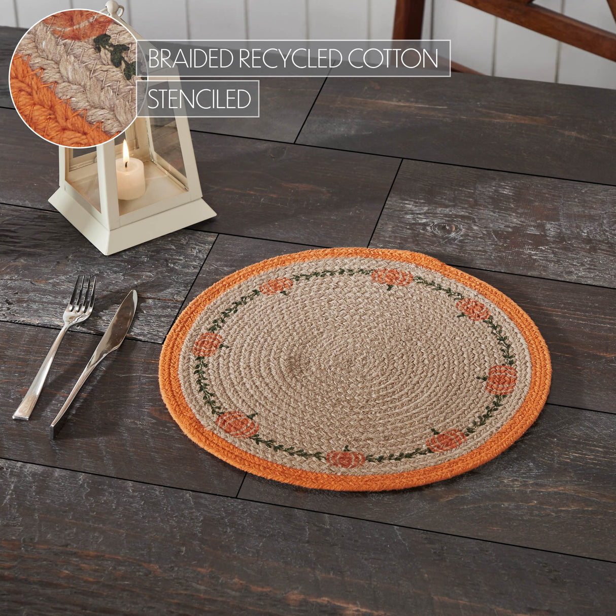Braided Cotton Harvest Blessings Natural Stencil Pumpkin Placemat 14 inch Diameter, Decorative Fall Placemat, Table Decor for Fall and Thanksgiving, 2 Pack