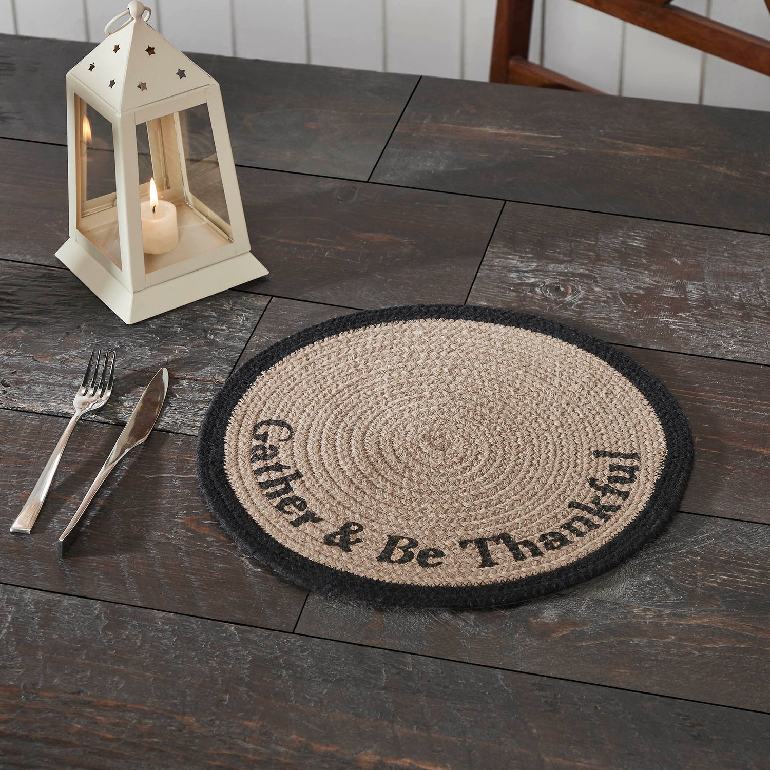 Braided Cotton Harvest Blessings Stencil Gather & Be Thankful Placemat 14 inch Diameter, Decorative Fall Placemat, Table Decor for Fall and Thanksgiving, 6 Pack 6 Pack