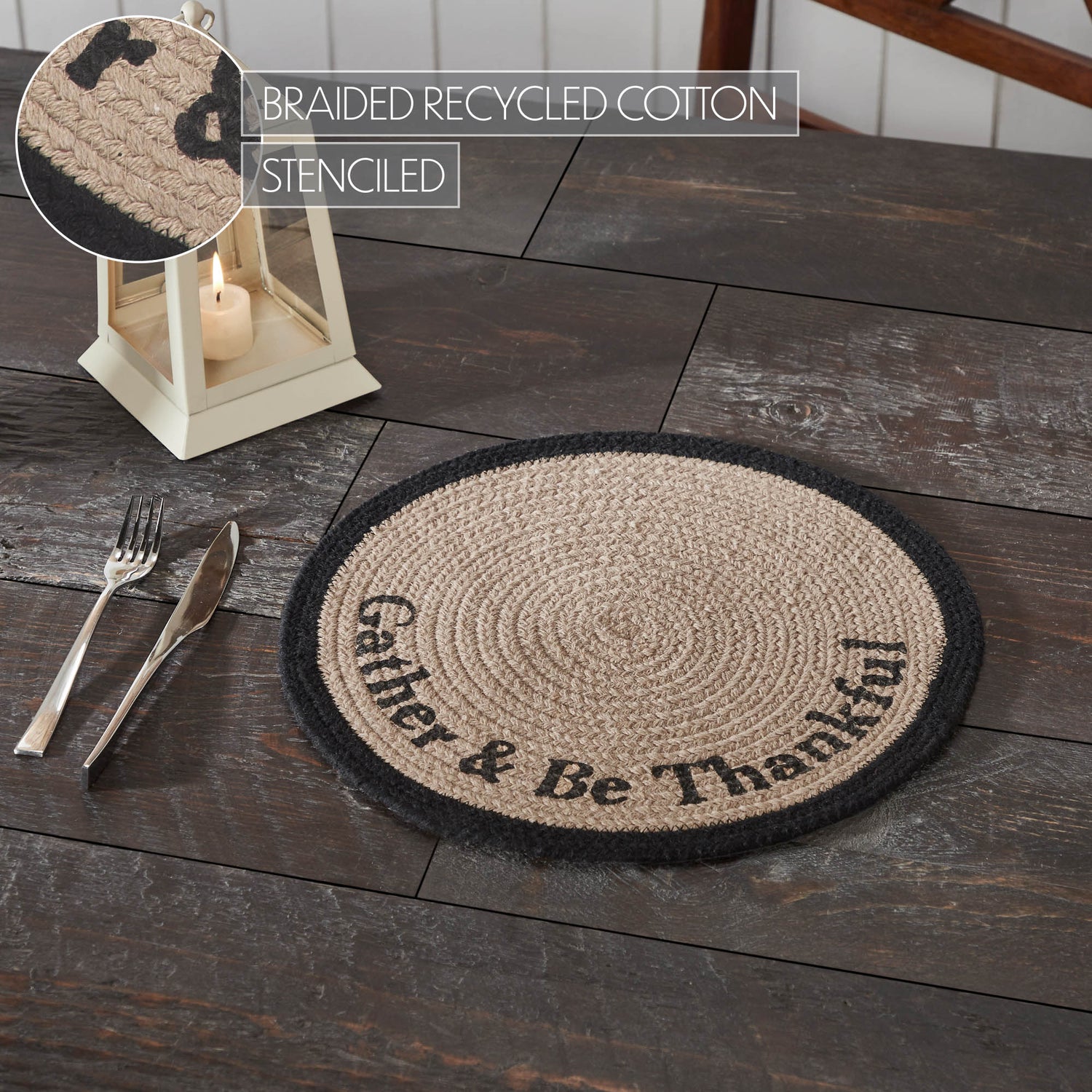 Braided Cotton Harvest Blessings Stencil Gather & Be Thankful Placemat 14 inch Diameter, Decorative Fall Placemat, Table Decor for Fall and Thanksgiving, 2 Pack