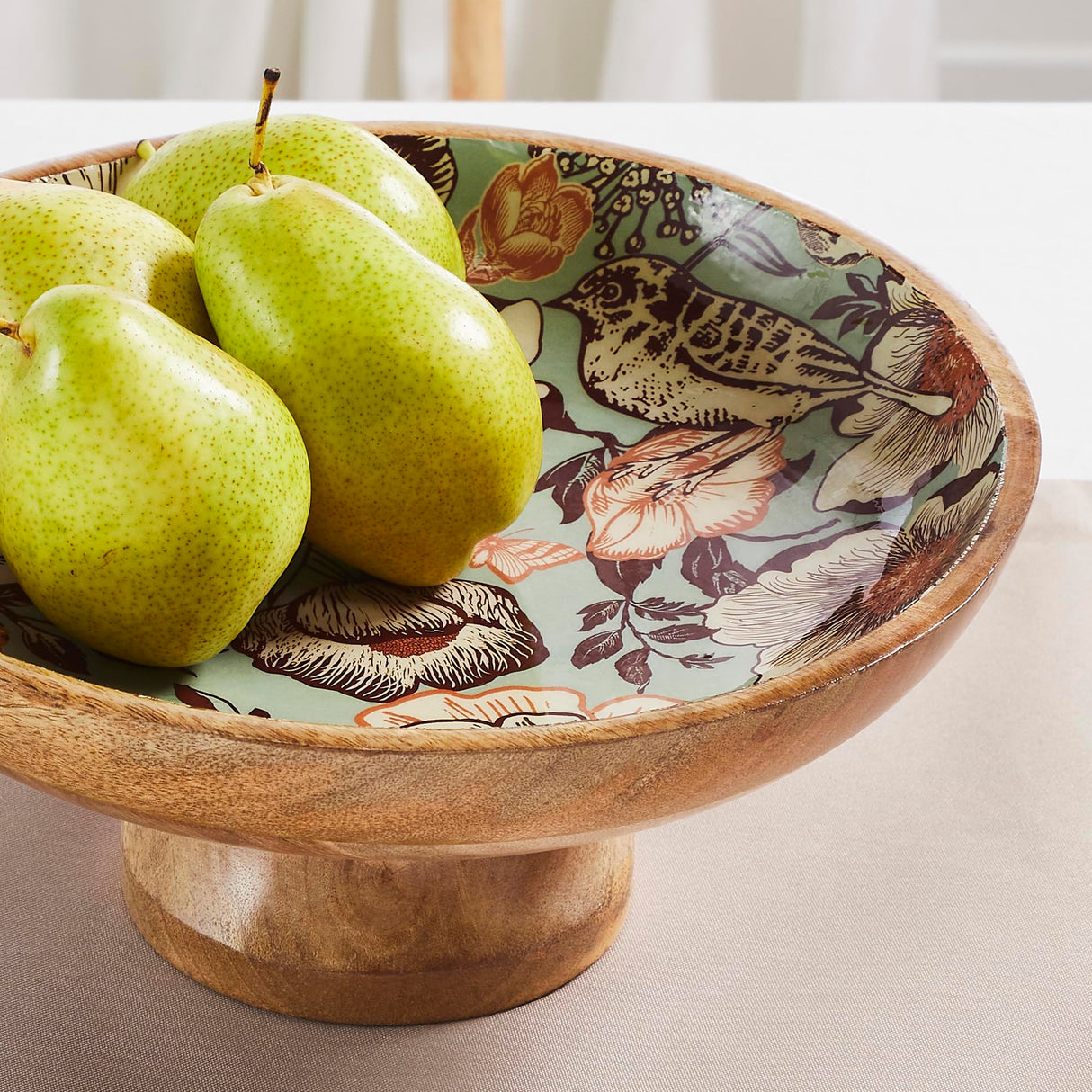 Natural with Bird Print Wooden Bowl 12x12x5.75