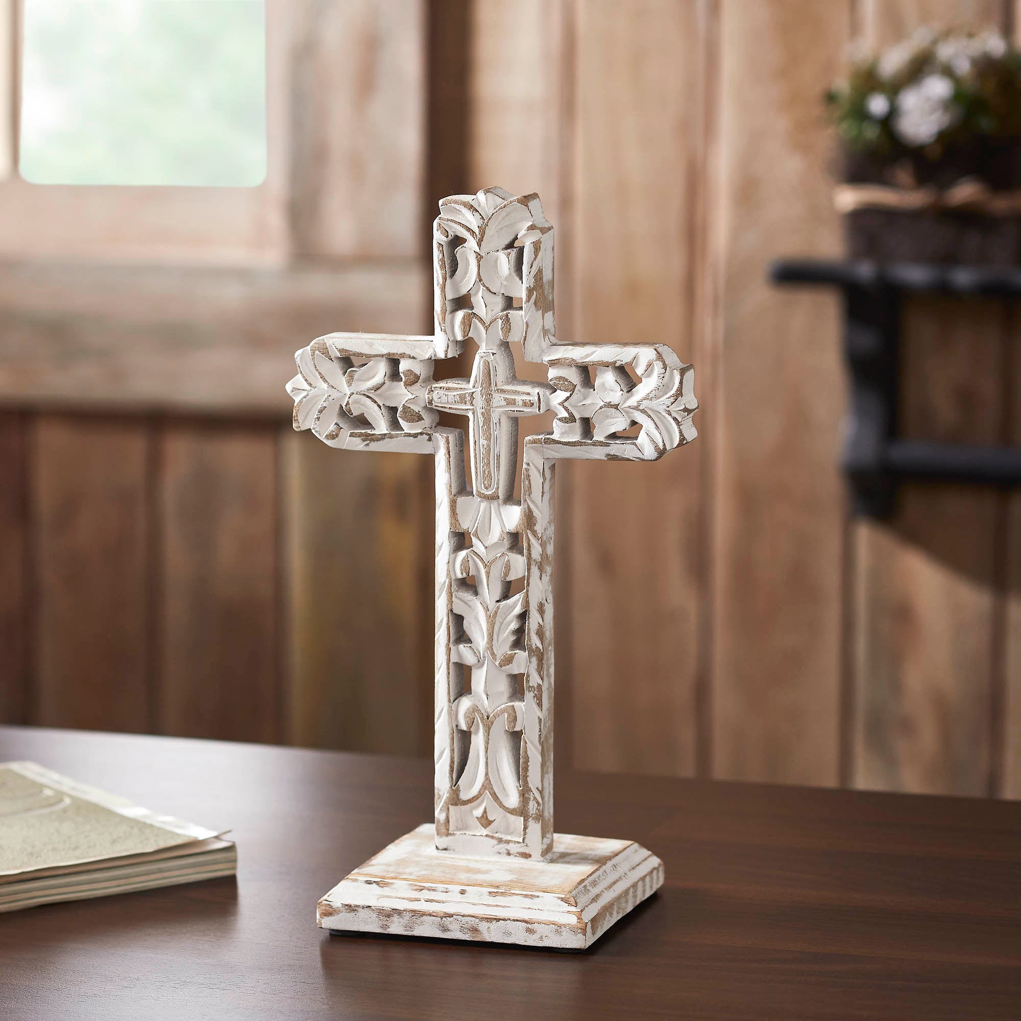 Distressed White Ornate Wooden Cross w/ Base 13x7.5x5 – VHC Brands