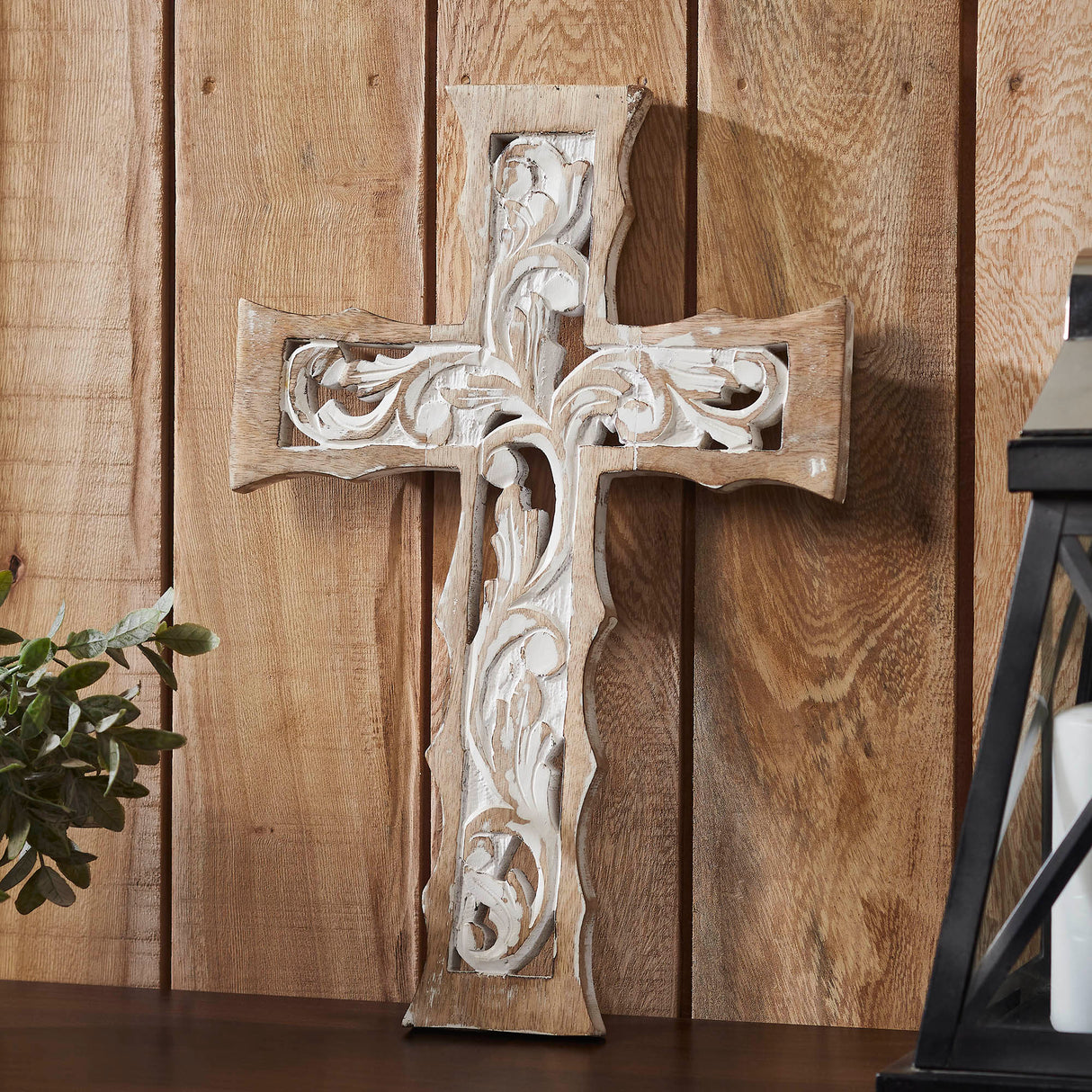 Natural & Distressed White Wooden Cross Wall Hanging 18x12