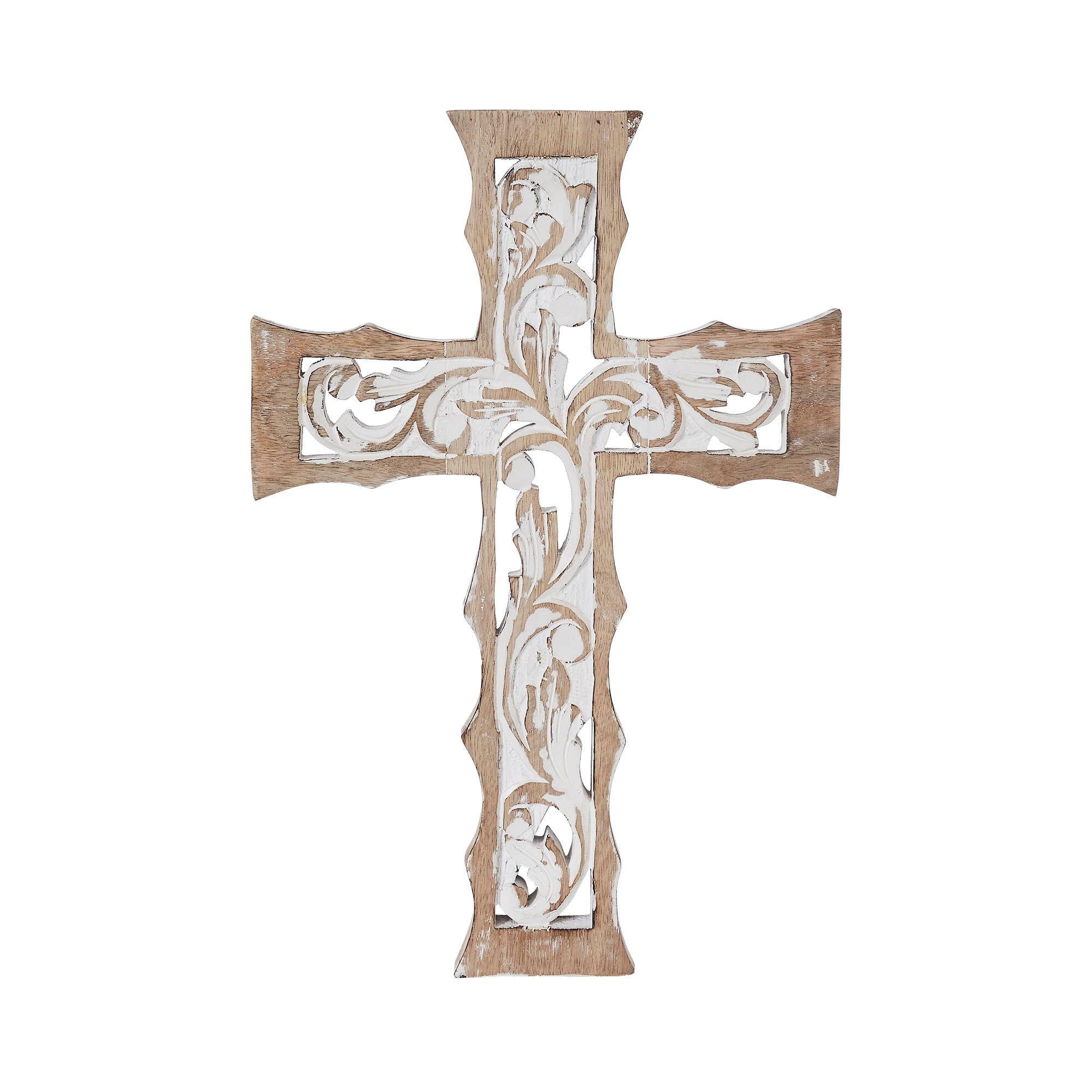 Natural & Distressed White Wooden Cross Wall Hanging 18x12 – VHC