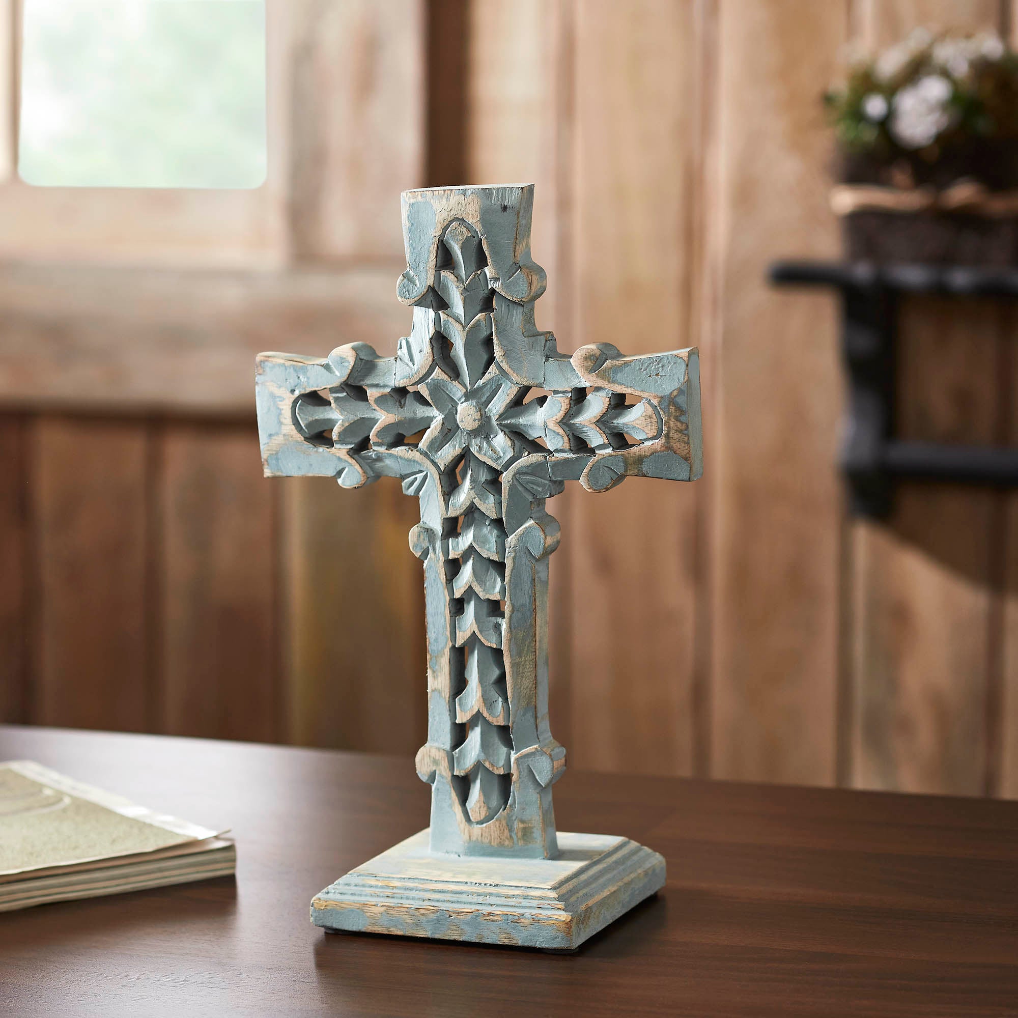 Distressed Grey Wooden Cross w/ Rosette Center & Base 13x8x5 – VHC