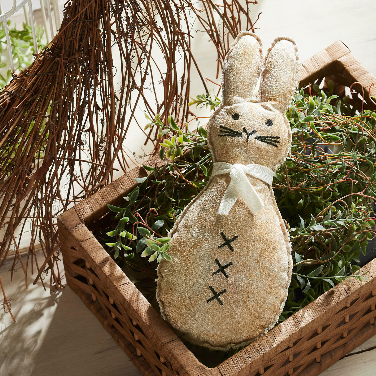 Spring In Bloom Scarfed Primitive Bunny Pillow 12x5