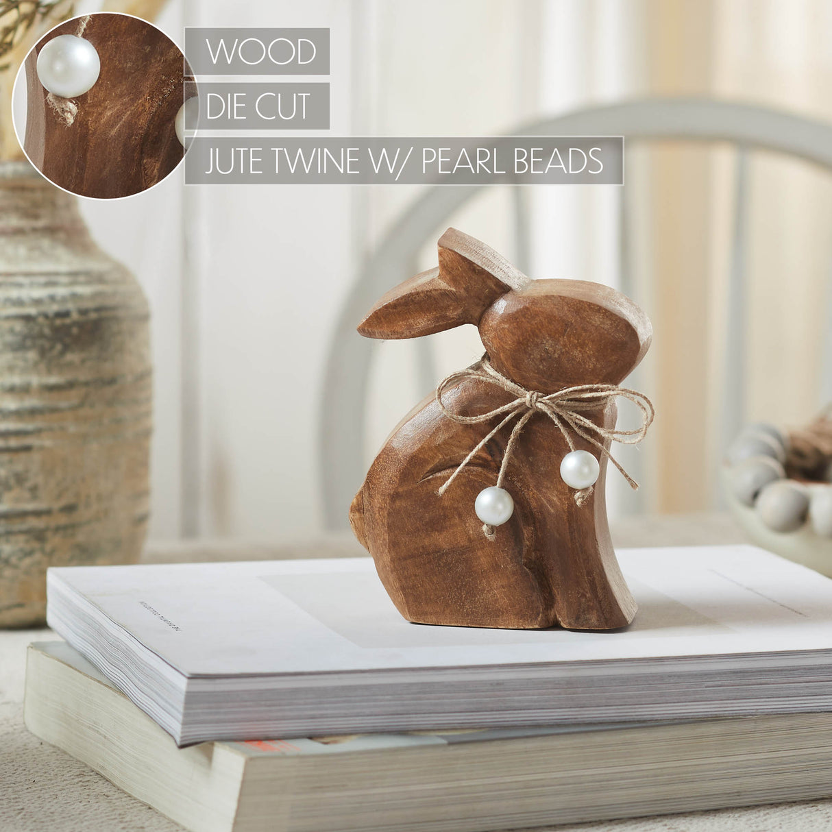 Bunny Hop Wooden Sitting Bunny Natural w/ Pearl Beads 4.25x5.5x1.5
