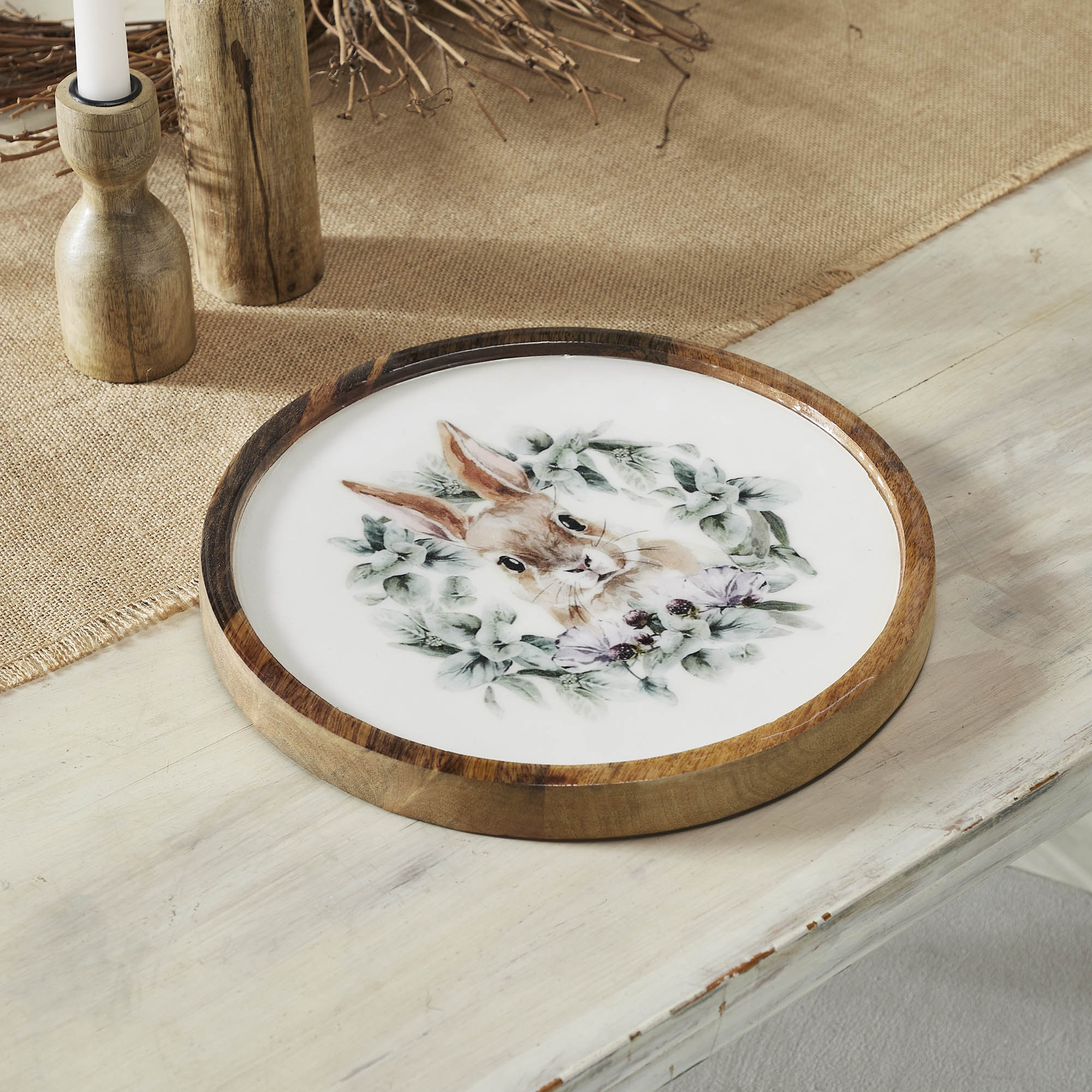 Bunny Hop Wooden Plate Natural w/ Bunny & Wreath 11.5 inch