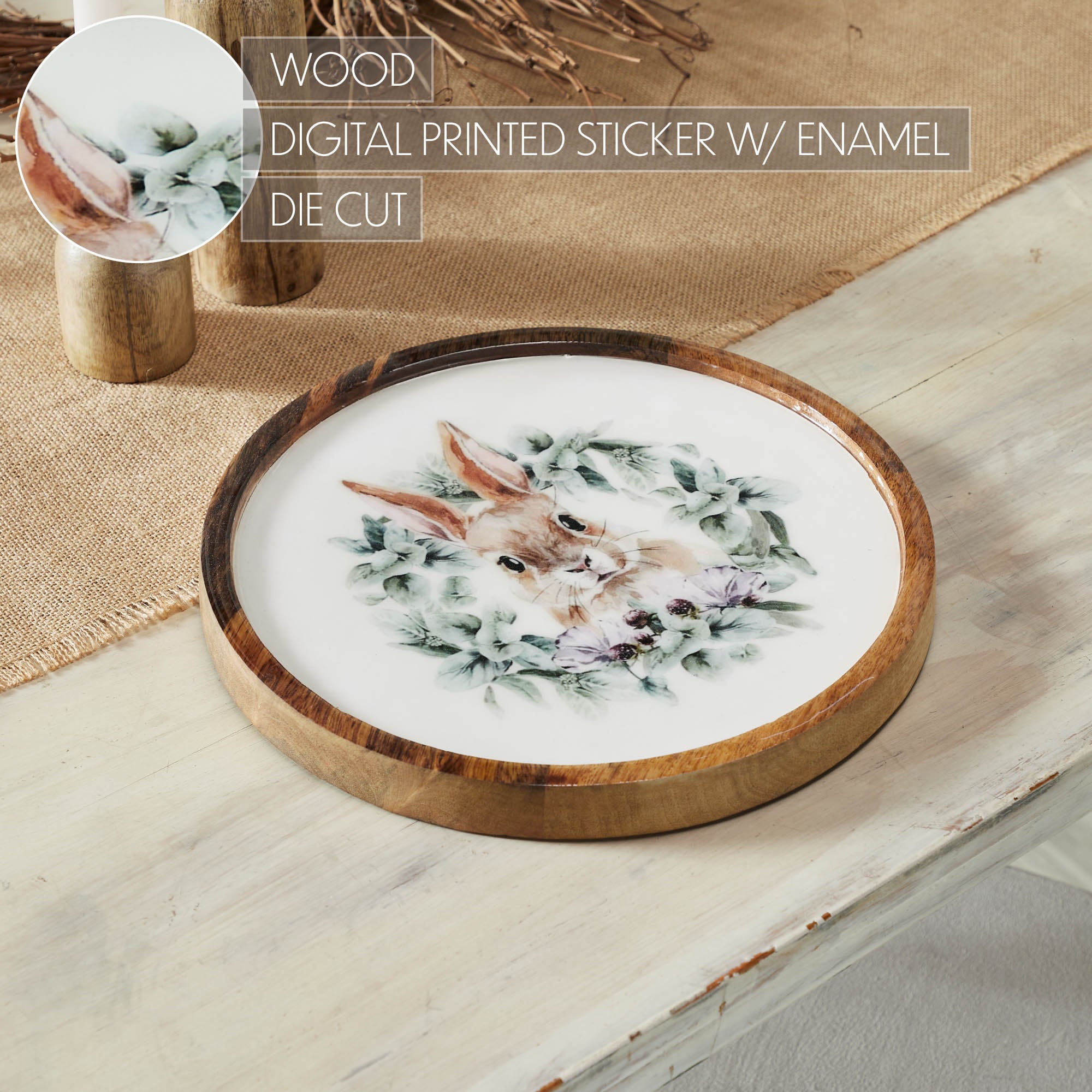 Bunny Hop Wooden Plate Natural w/ Bunny & Wreath 11.5 inch
