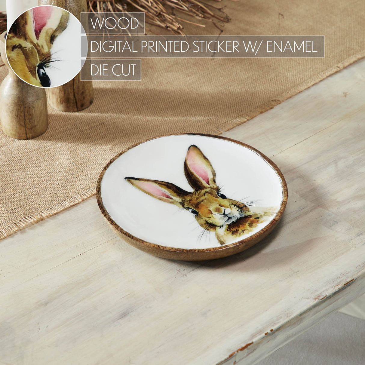 VHC Brands Bunny Hop 2PC Bunny Hop Wooden Plate White w/ Bunny ,Small and Large