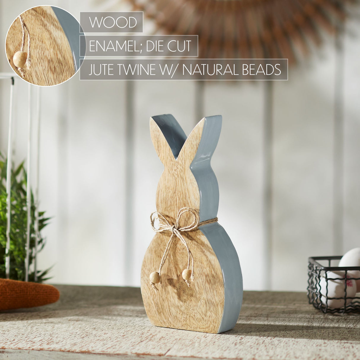 VHC Brands Spring In Bloom 2PC Spring In Bloom Wooden Enamel Edge Bunny w/ Natural Beads ,Small and Large