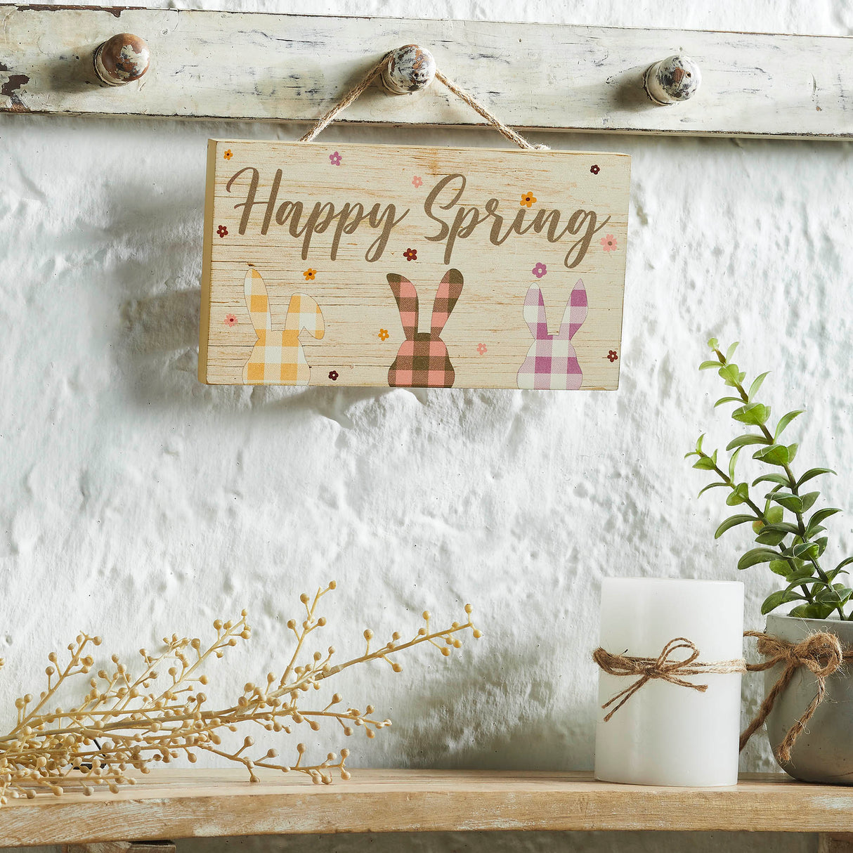 Bunny Hop Happy Spring 3 Bunnies In Check MDF Wall Sign w/ Twine 5x9x0.75