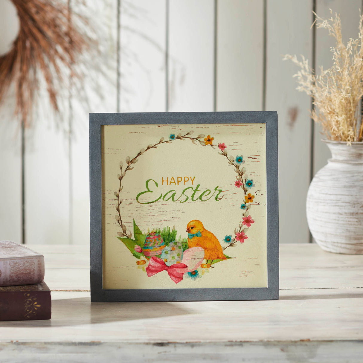 Bunny Hop Happy Easter Chick & Wreath MDF Wall Sign 12x12x0.5