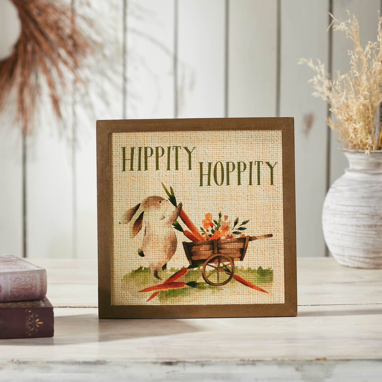 Bunny Hop Hippity Hoppity Bunny & Carrot Wagon MDF Wall Sign 12x12x0.5