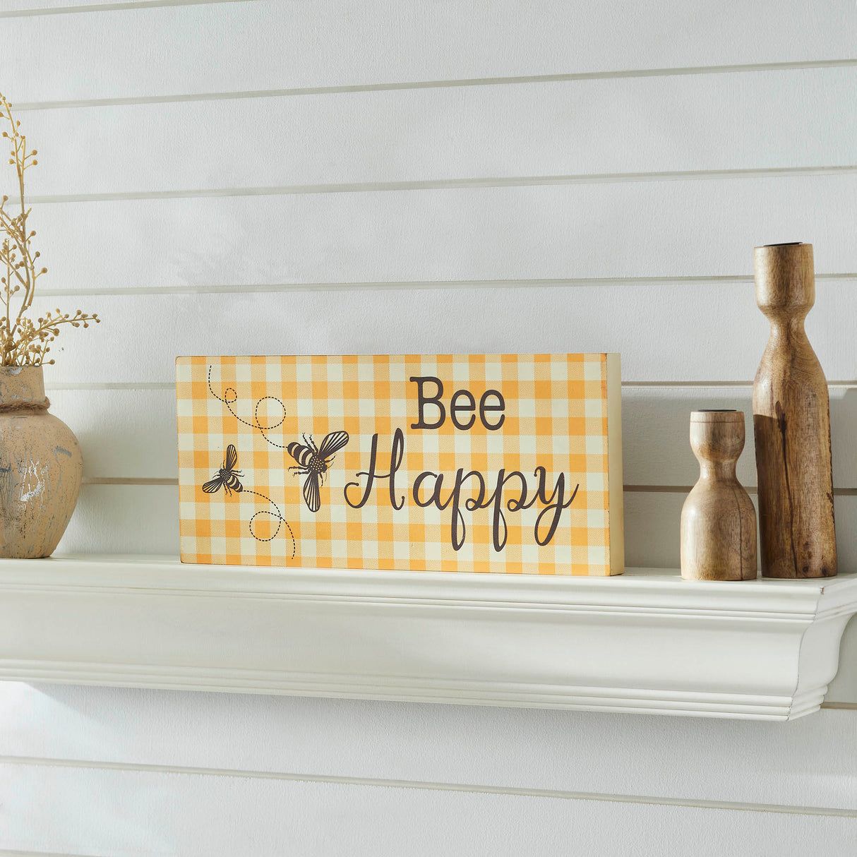 Buzzy Bees Bee Happy Honey Check MDF Wall Sign 7x16x1