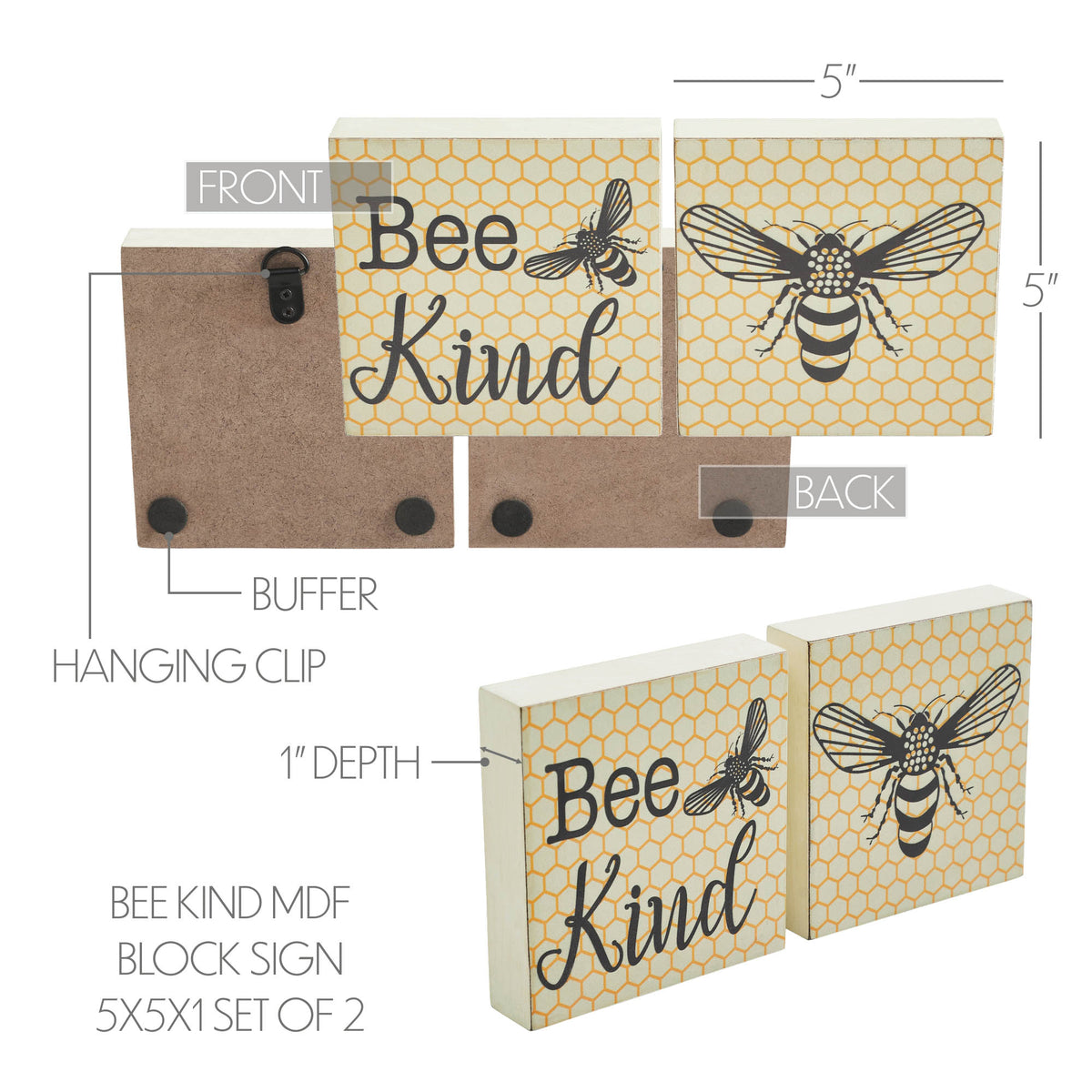 Bee Block Sign Buzzy Bees Bee Kind MDF Block Sign 5x5x1 Set of 2 – VHC Brands Home Decor