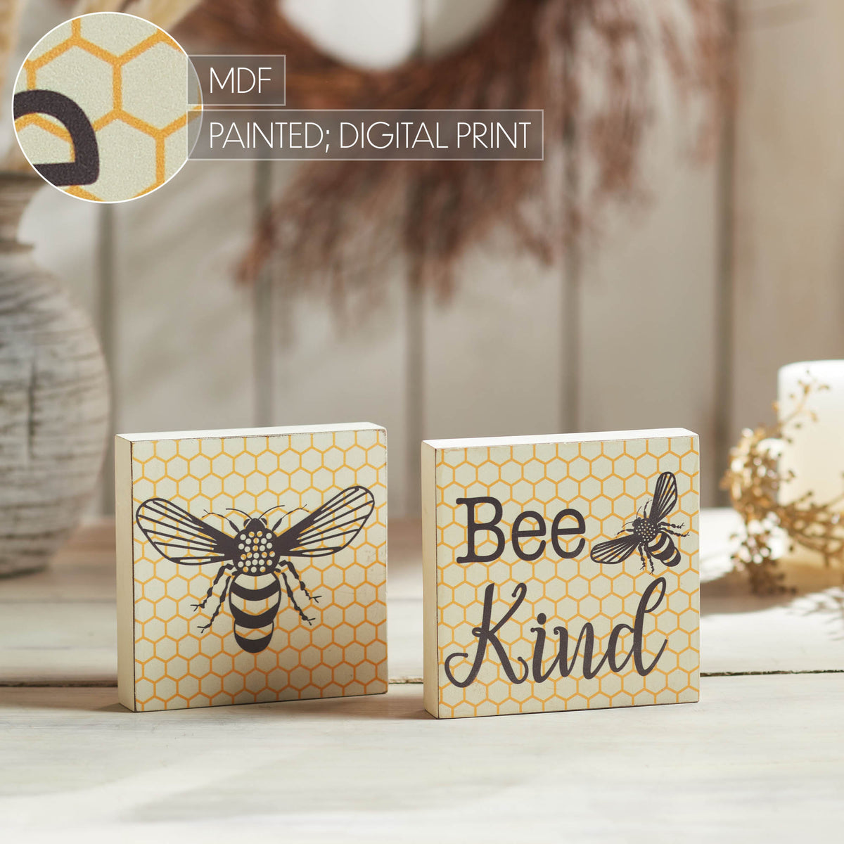 Bee Block Sign Buzzy Bees Bee Kind MDF Block Sign 5x5x1 Set of 2 – VHC Brands Home Decor