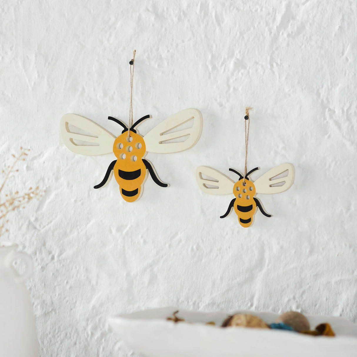 Buzzy Bees Bee Shaped MDF Wall Hanging w/ Twine Set of 2 Sizes