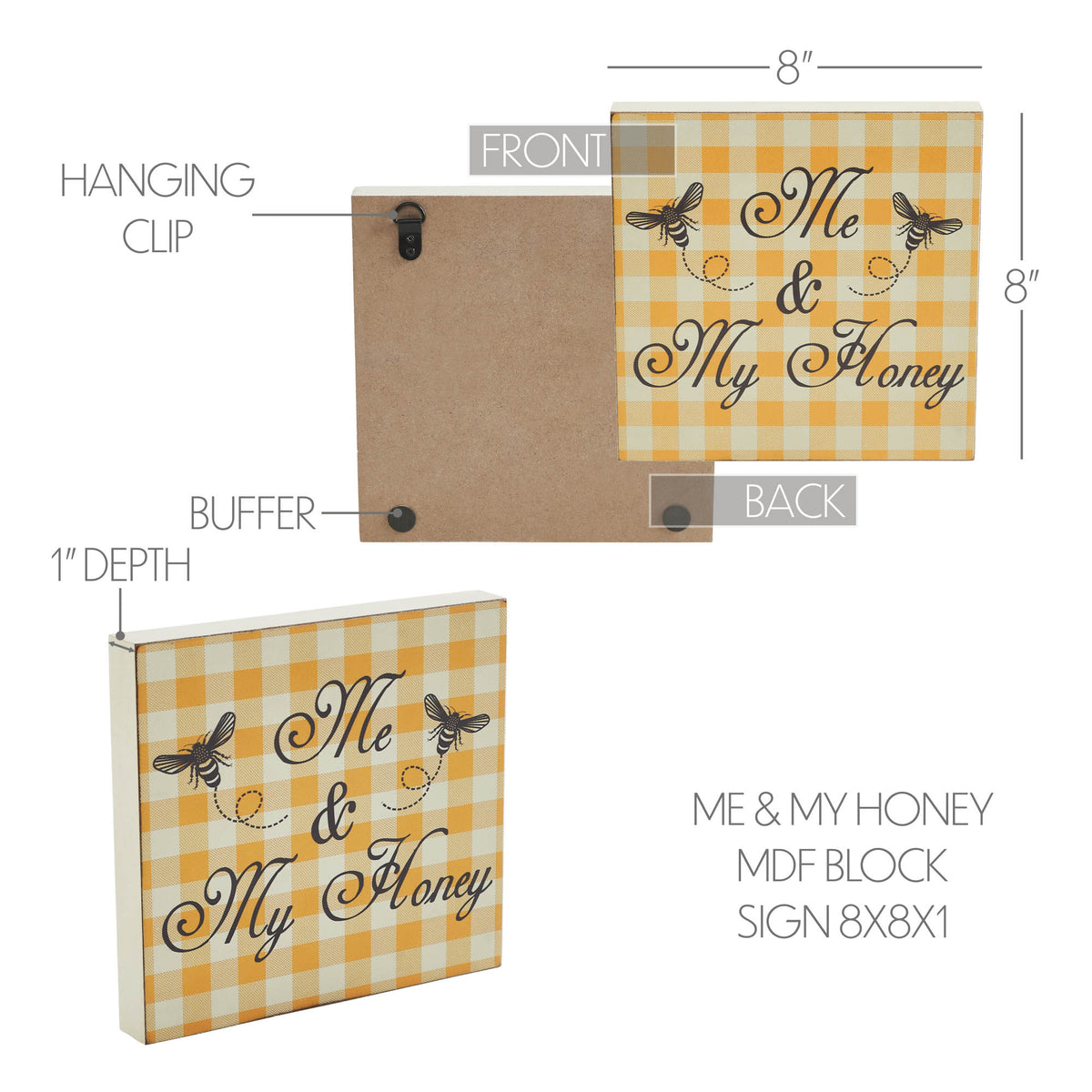 Bee Block Sign Buzzy Bees Me & My Honey MDF Block Sign 8x8x1 – VHC Brands Home Decor
