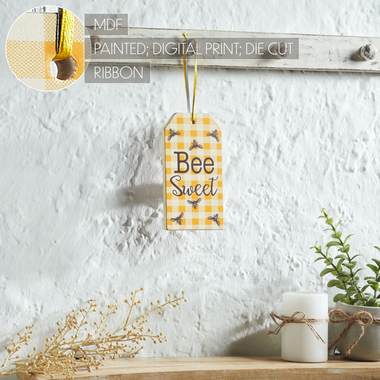 Buzzy Bees Bee Sweet Honey Check MDF Tag Ornament w/ Ribbon 7x3.75x0.5